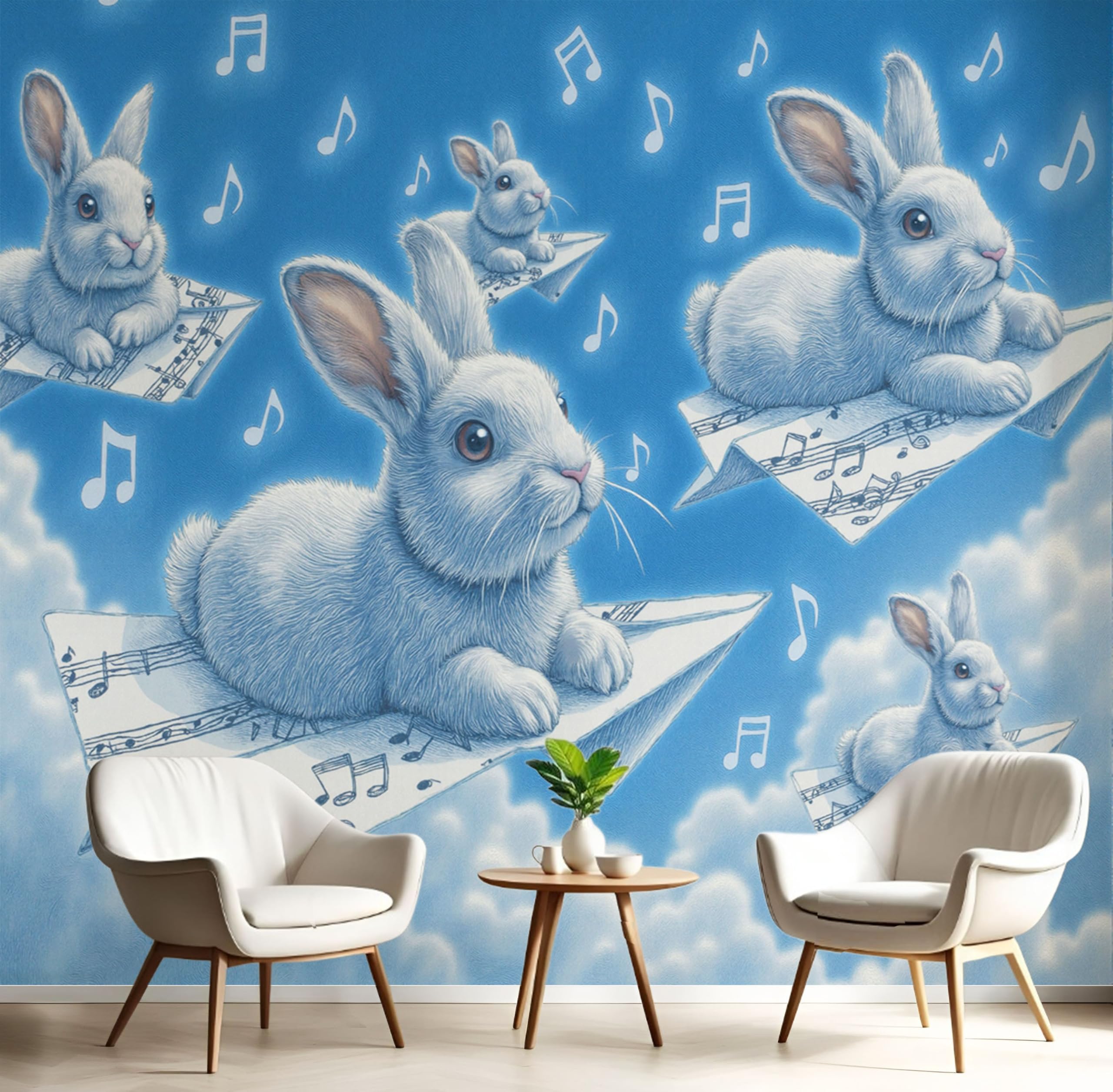 Papier peint panoramique bleu royal lapin musique pour mur salon et chambre enfant 200x140