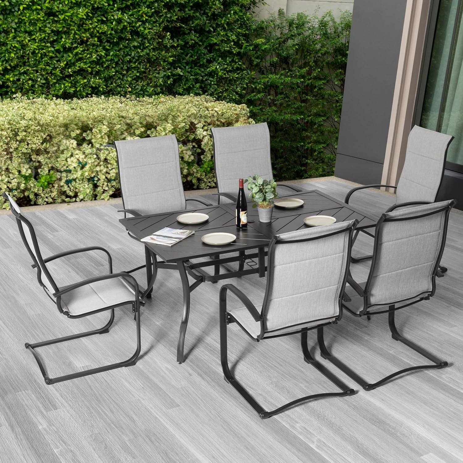 NUU GARDEN 7 Piece Outdoor Patio Dining Set, 6 Textilene Dining Chairs and 61" Rectangular Patio Dining Table with 1.77" Umbrella Hole, for Backyard, Patio, Garden, Gray and Black