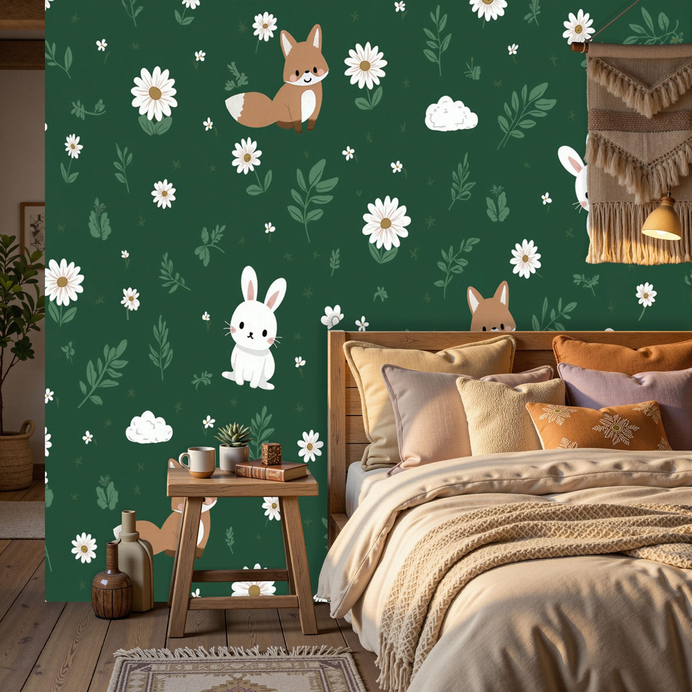 Papier Peint renard de dessin animé Panoramique vert foncé salon 400x280cm