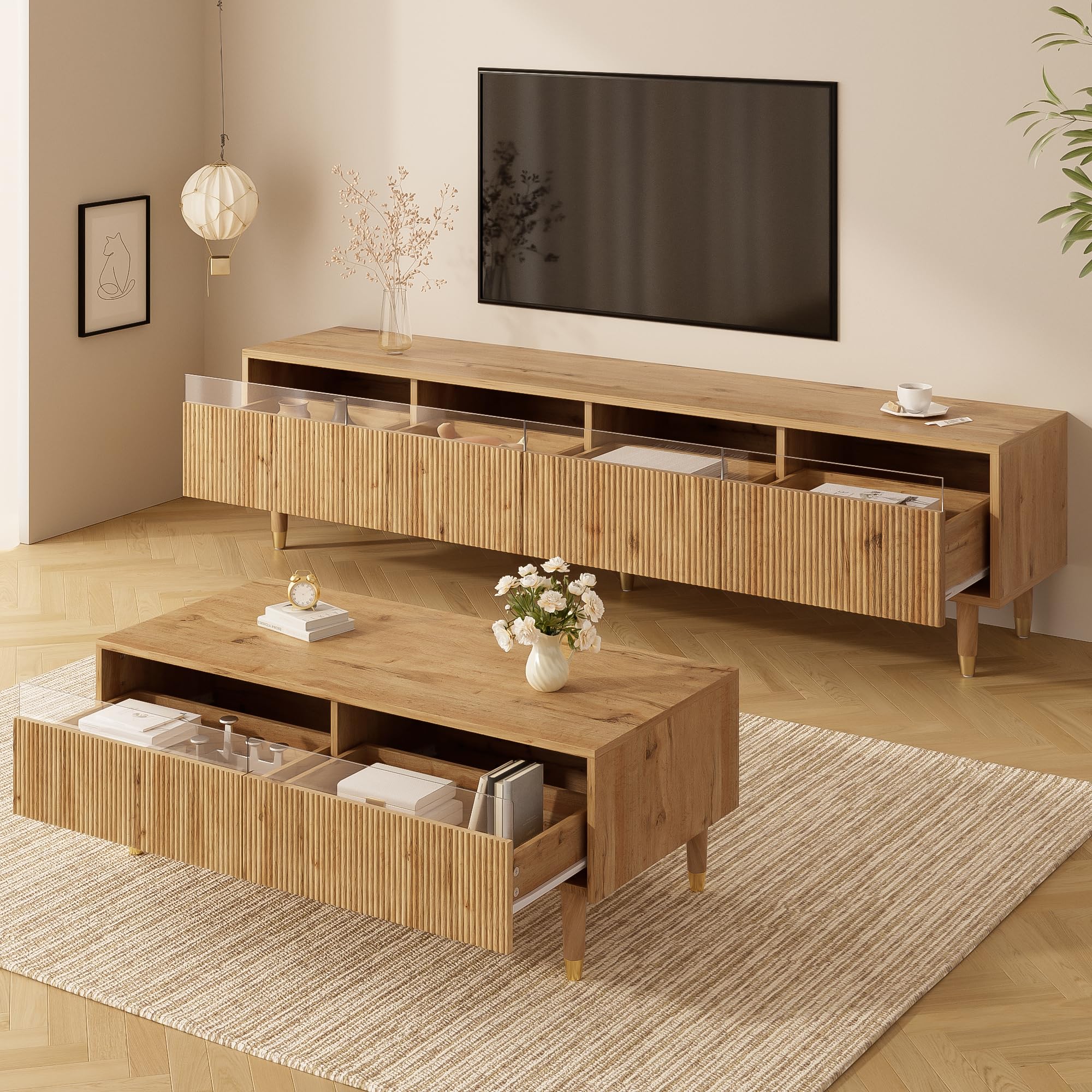 Ensemble de meubles LED Merax pour salon, meuble TV 178x35x45cm, avec 4 portes, table basse 110x50x40cm, avec 2 tiroirs, façade en acrylique, éclairage LED avec télécommande, grand espace de rangement