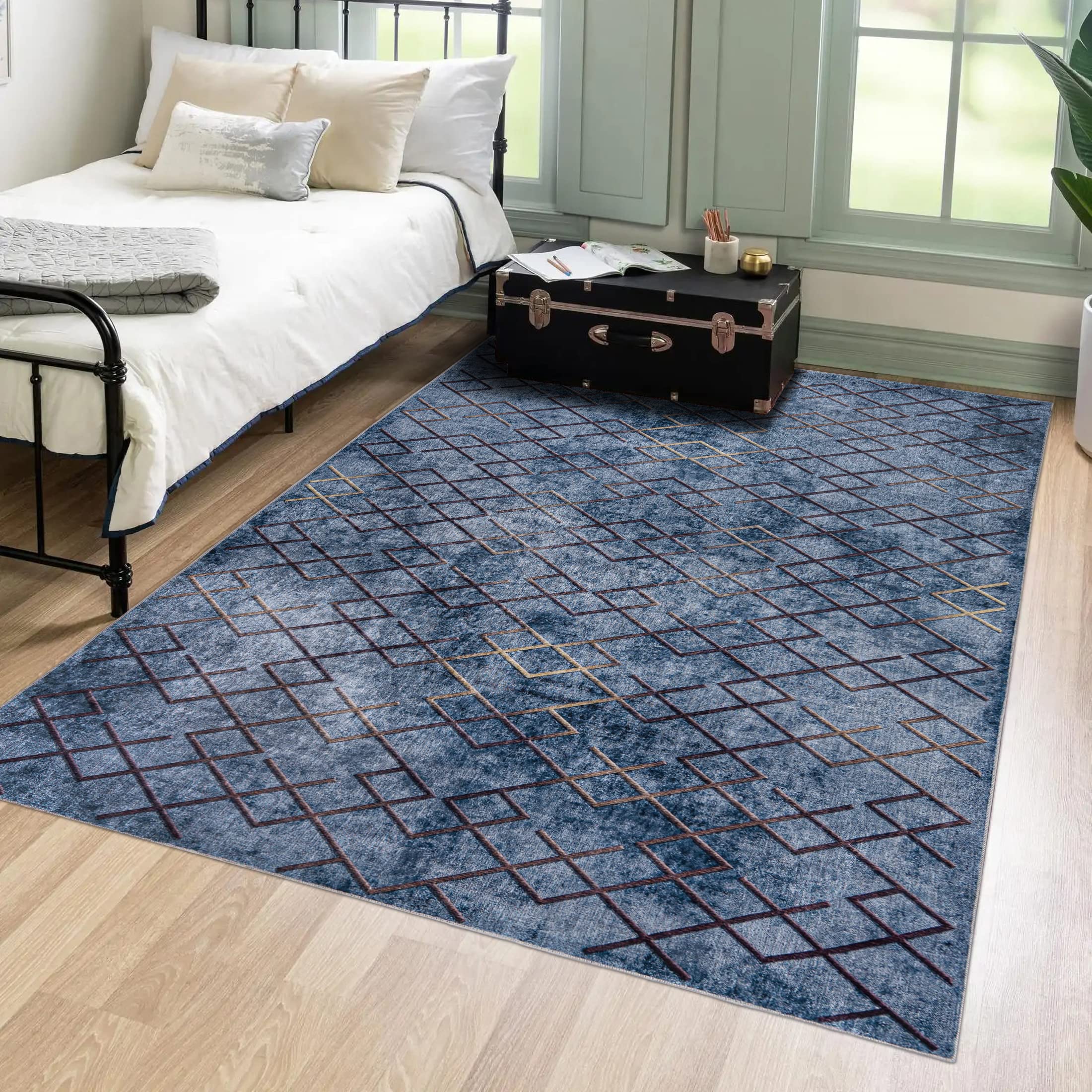 Mazovia Grand Tapis Salon 160x230cm Bleu Géométrique Élégant Antidérapant | Tapis pour Chambre Salle à Manger Bureau Lavable en Machine Anti-Allergène Chauffage au Sol Facile D'entretien Poils Courts