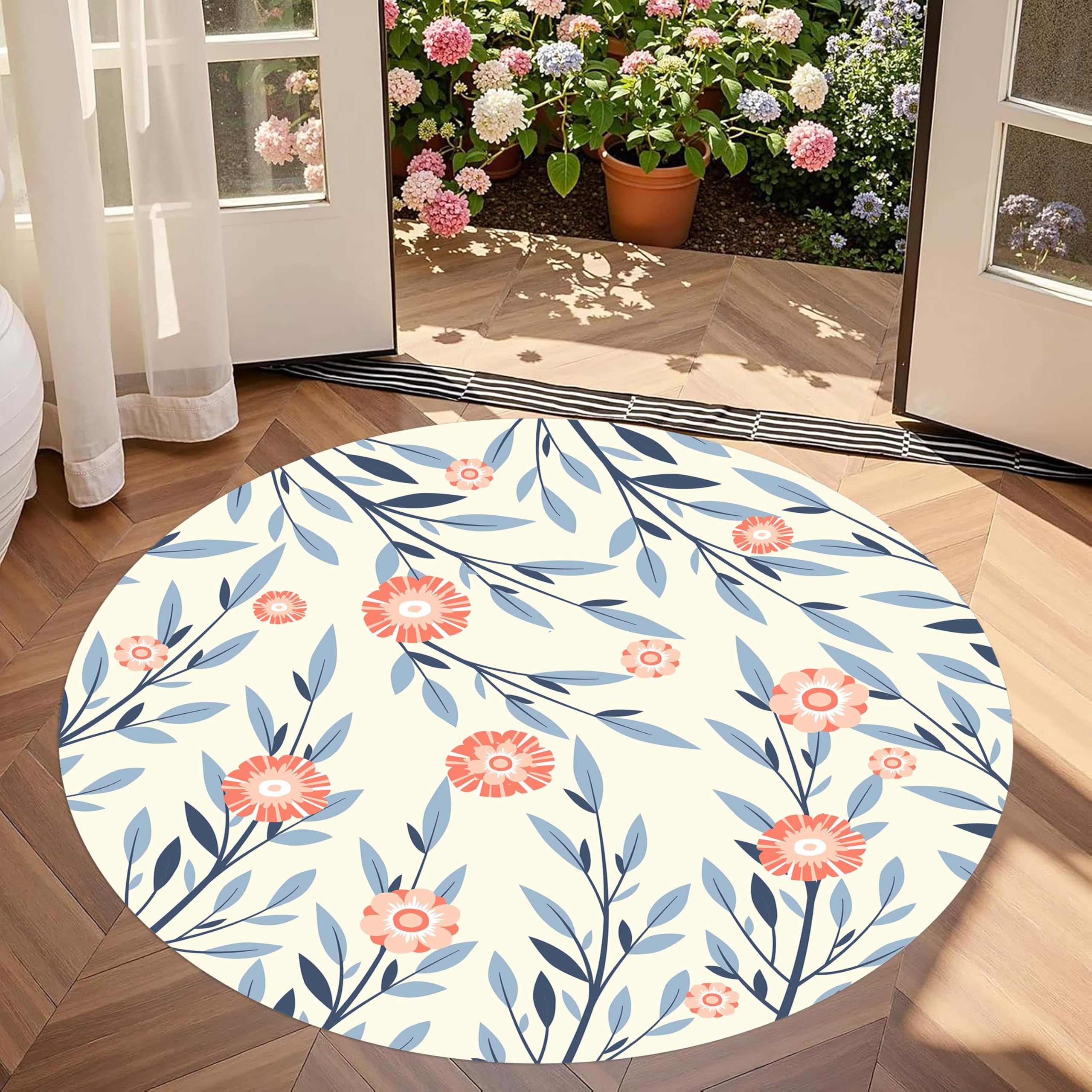 LHOMKCV Rustic Boho Round Rugs, 200cm, Vintage Pink Floral Print Beige Circle Area Rug, Indoor Washable Non Slip Short Pile Room Decor Carpet for Bathroom Bedroom