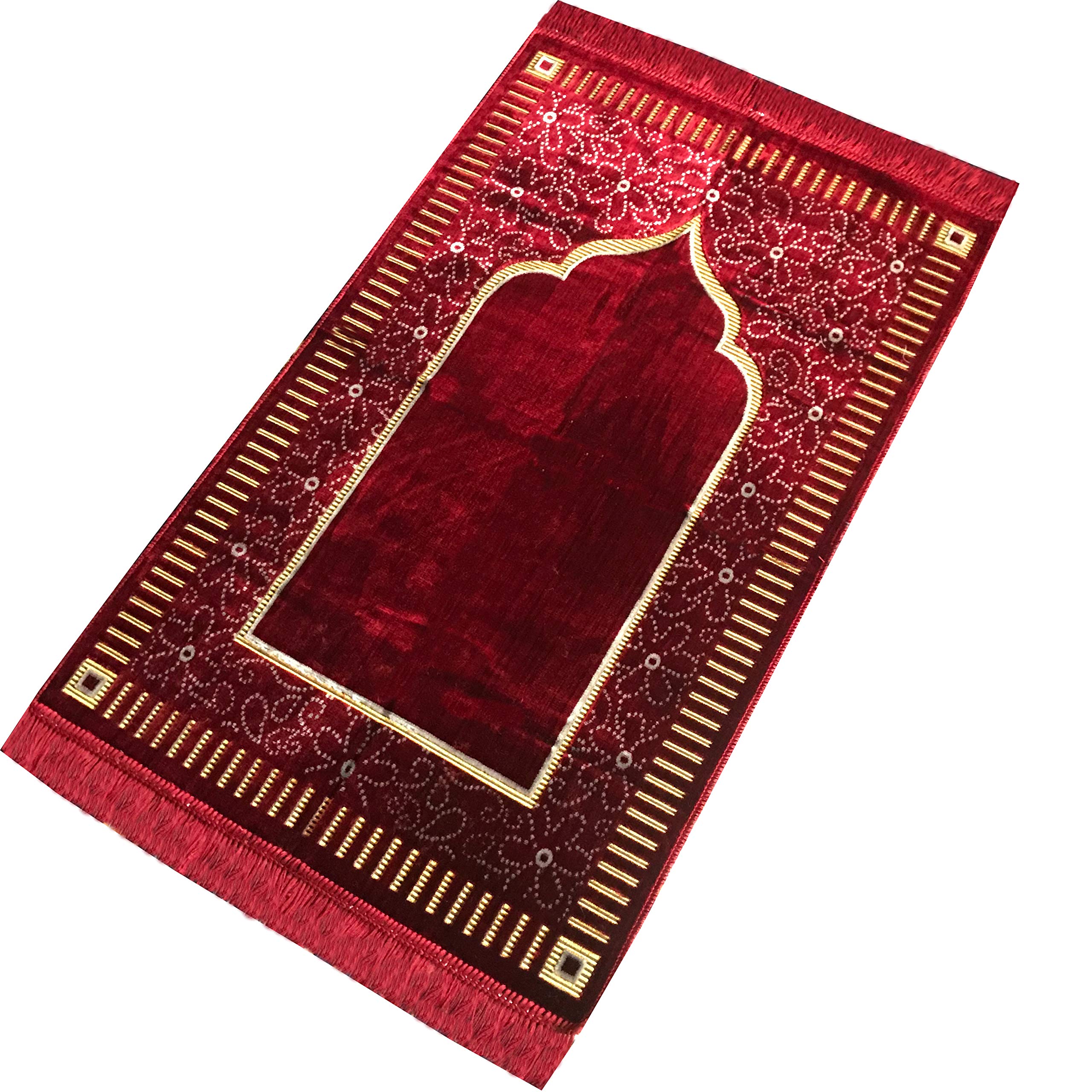 bazachi Mihrab Style Velvet Prayer Rug (540g) | Muslim Prayer Mat | Size: 110 x 65 cm | Made in Turkey (Burgundy)