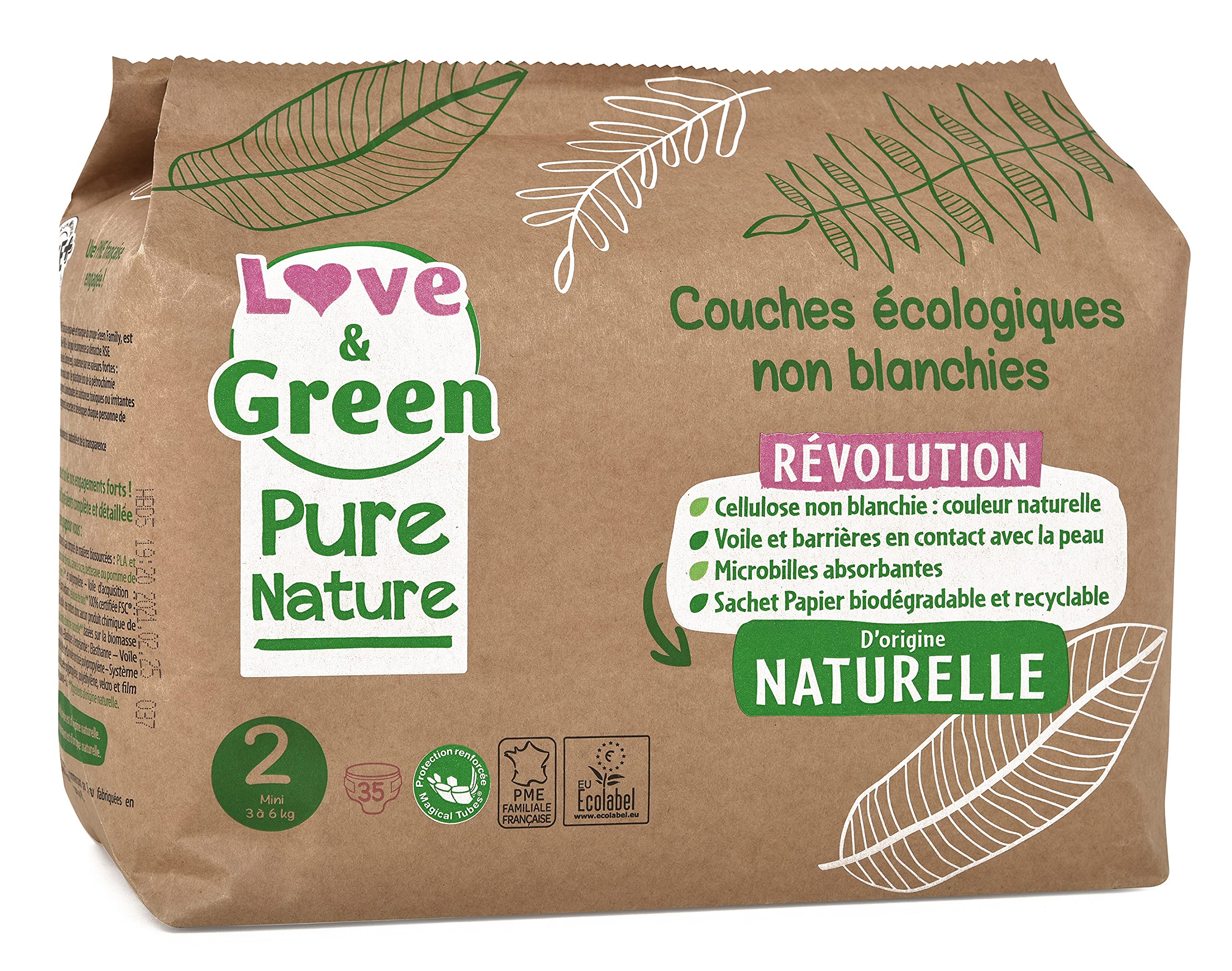 Love & Green Pure Nature Niebielone pieluchy ekologiczne T2 3-6 kg, zielone, rozmiar 2 (210 sztuk)