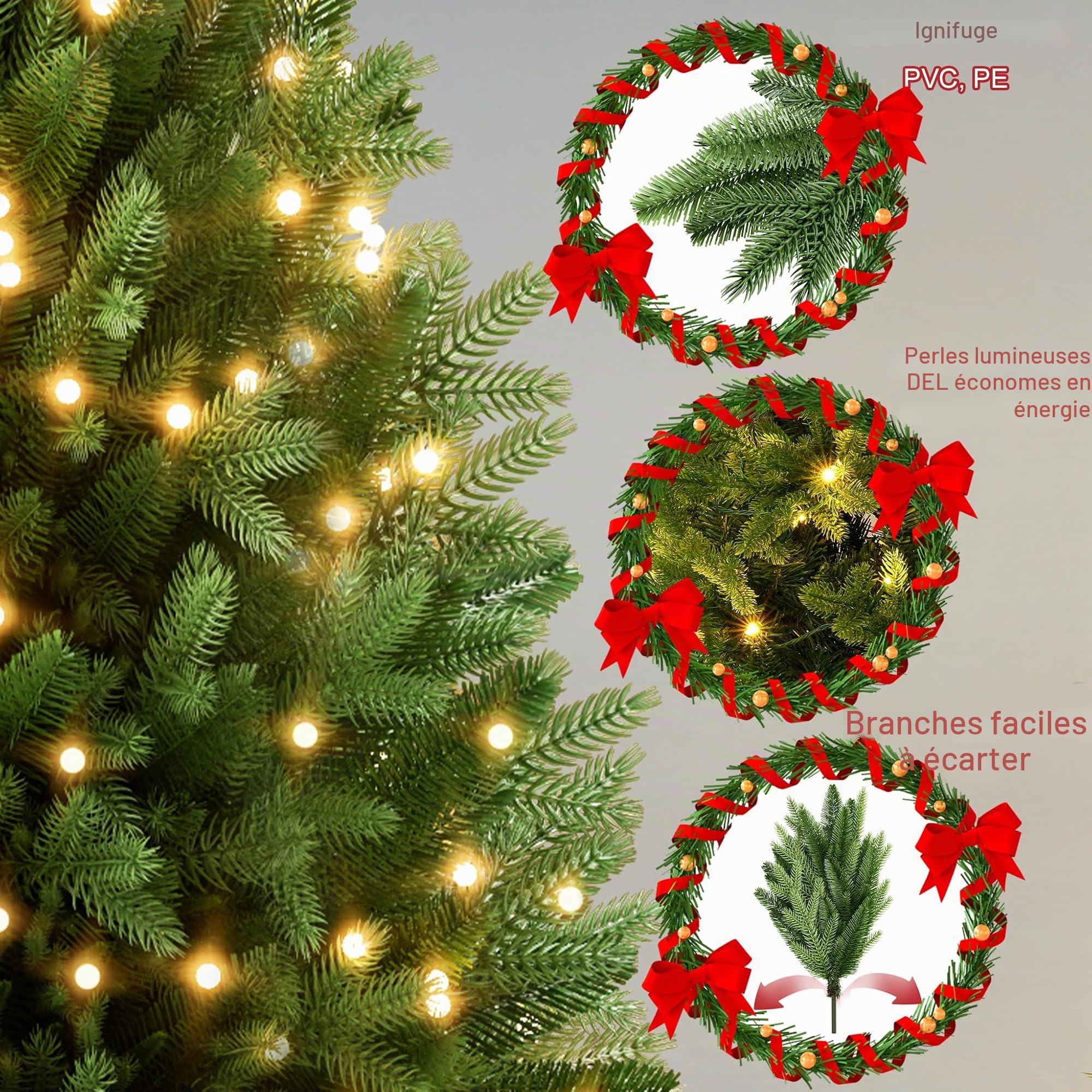 LZQ Sapin de Noël artificiel avec support en bois - Avec éclairage - Avec branches et lumière LED chaude - Pour décoration de Noël - Intérieur et extérieur - 150 cm