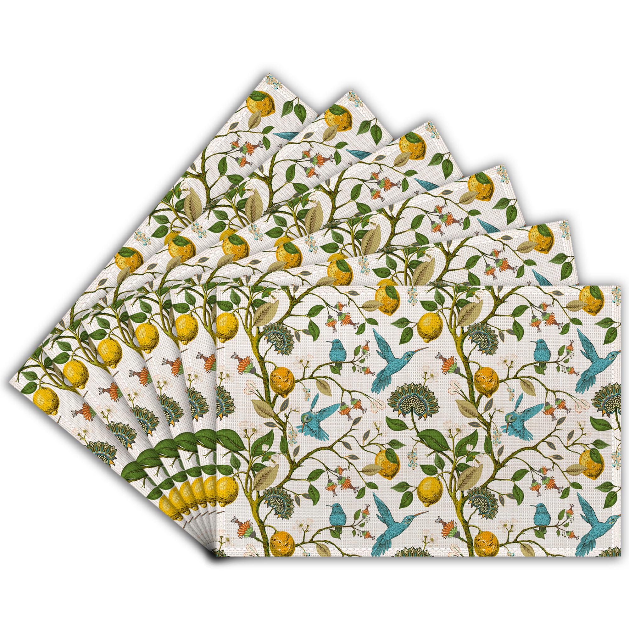 Linen Placemats Set of 6, Lemon Birds Table Place Mats, Washable Dining Mats for Party Kitchen Holiday Table Decor, 45 x 30 cm