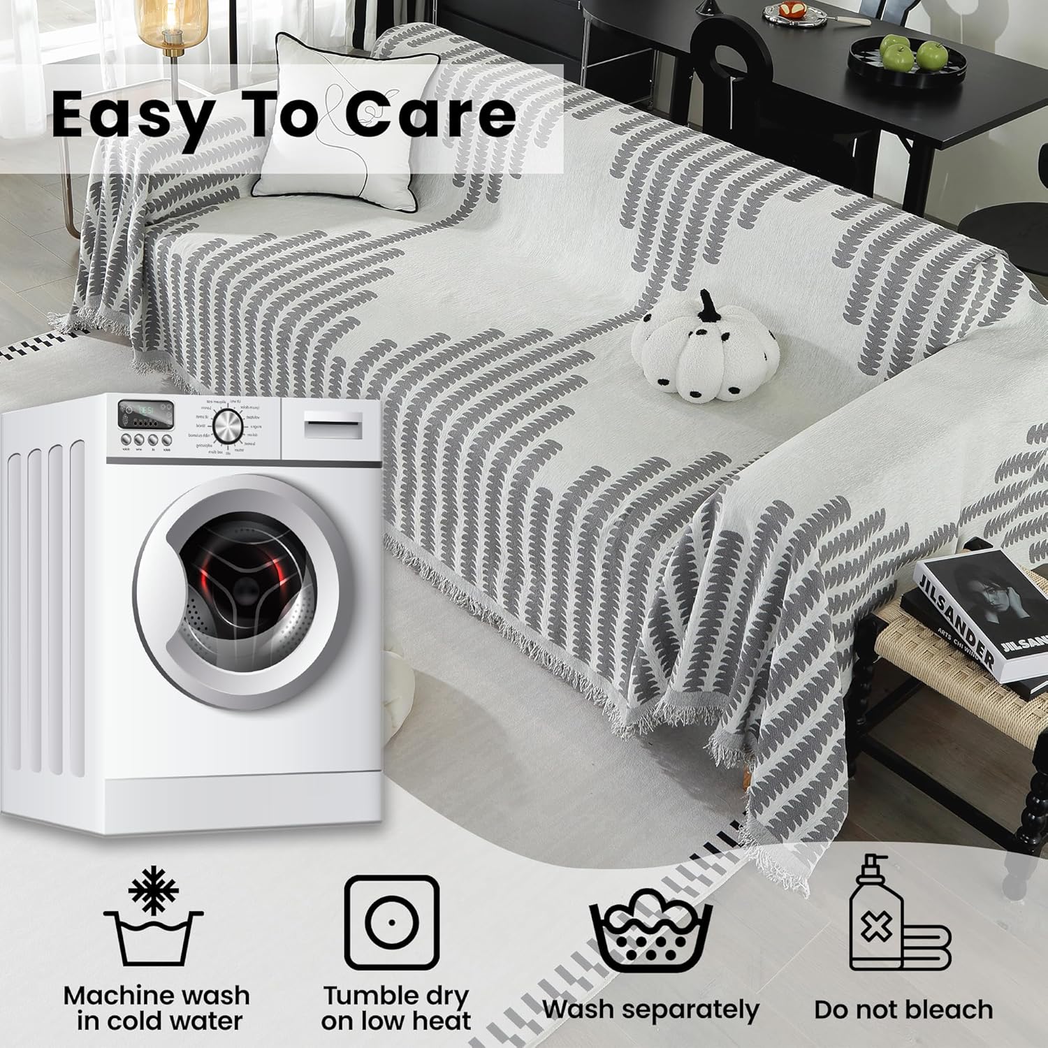Boho Sofa Cover, Washable Chenille Couch Cover, Geometric Jacquard Recliner Armchair Cover, Anti Slip Pet Friendly Couch Cushion Covers, Living Room Furniture Protector(71"X71", Grey)