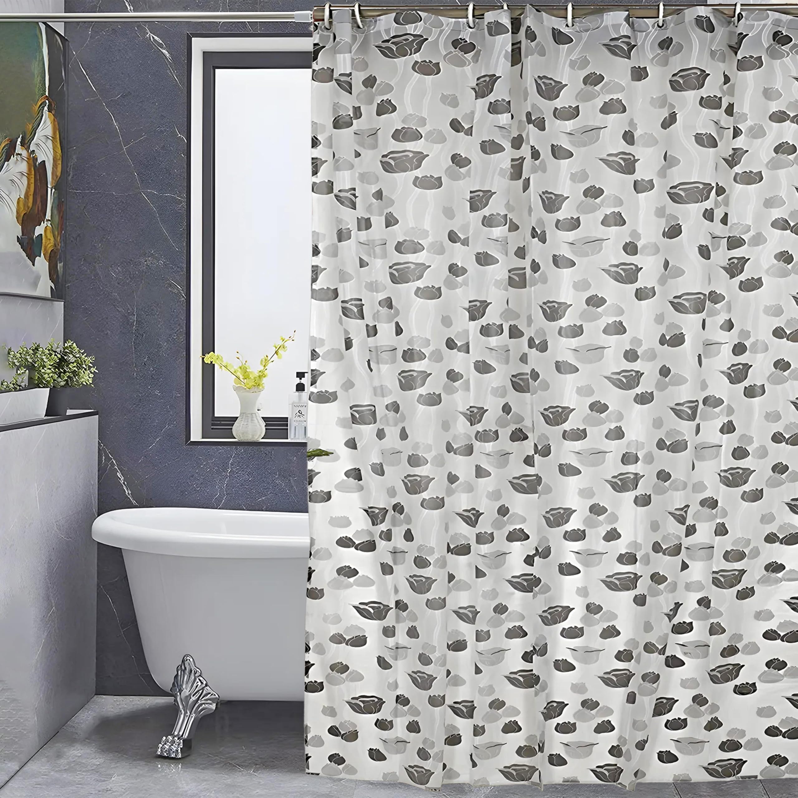 Kuber Industries Blackout PVC Floral Shower Curtain with Hooks,Size Standard (Grey), Washable, Pack of 1