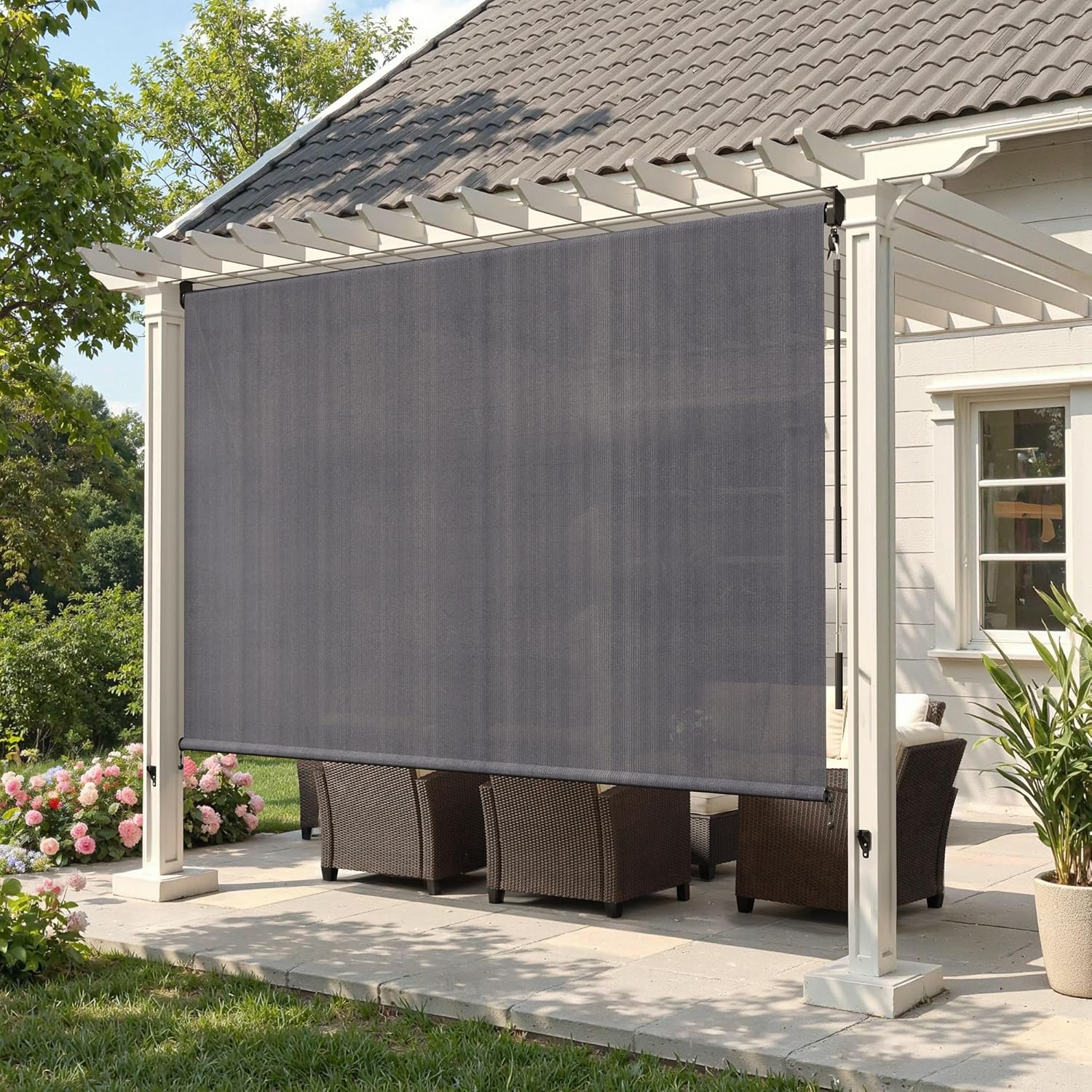 Outdoor Roller Shades (10' W X 8' L), Cordless Patio Blinds with Wand, 220 GSM Roll Up Shade for Porch Balcony Backyard, Anthracite Grey