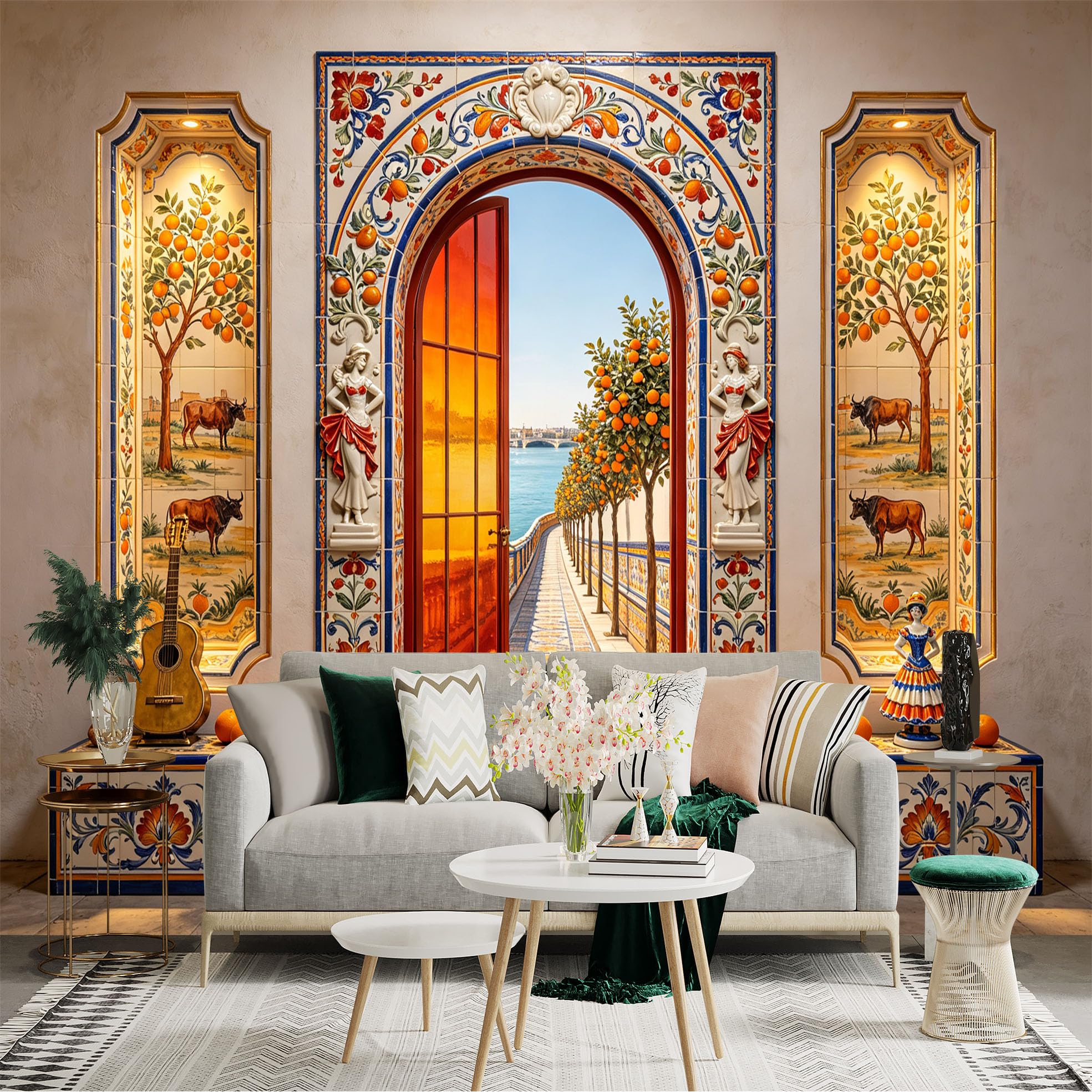 Custom Size Wall Sticker Mural， Mediterranean Tile Archway， Orange Trees， Coastal Path， for wall Decoration， peelandstick wall Decals.