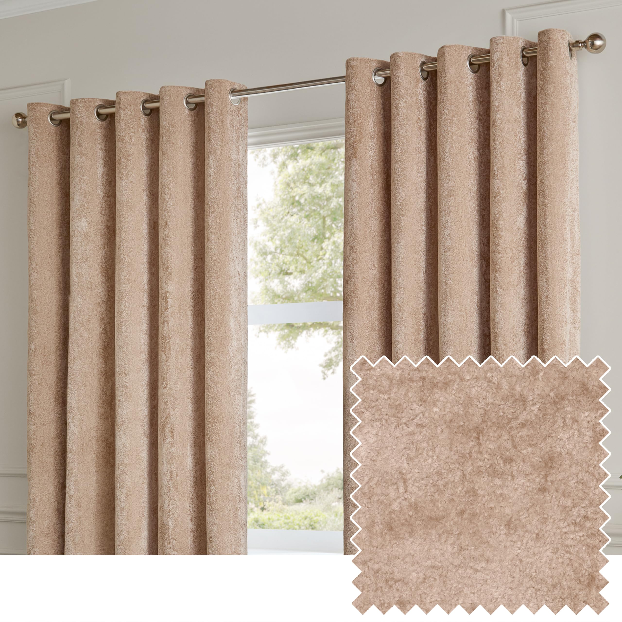 Paoletti Lustre Velvet Eyelet Curtain Pair – Luxury Soft Iridescent Sheen Textured Room Darkening Curtains (Oyster – Width 168 x Drop 183cm)
