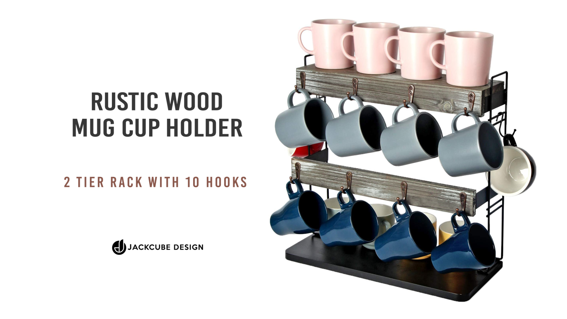 JACKCUBE Design Portabicchieri In Legno Rustico A 2 Livelli - 10 Ganci In Acciaio, Supporto Per Tazze E Organizer Da Cucina, MK651A