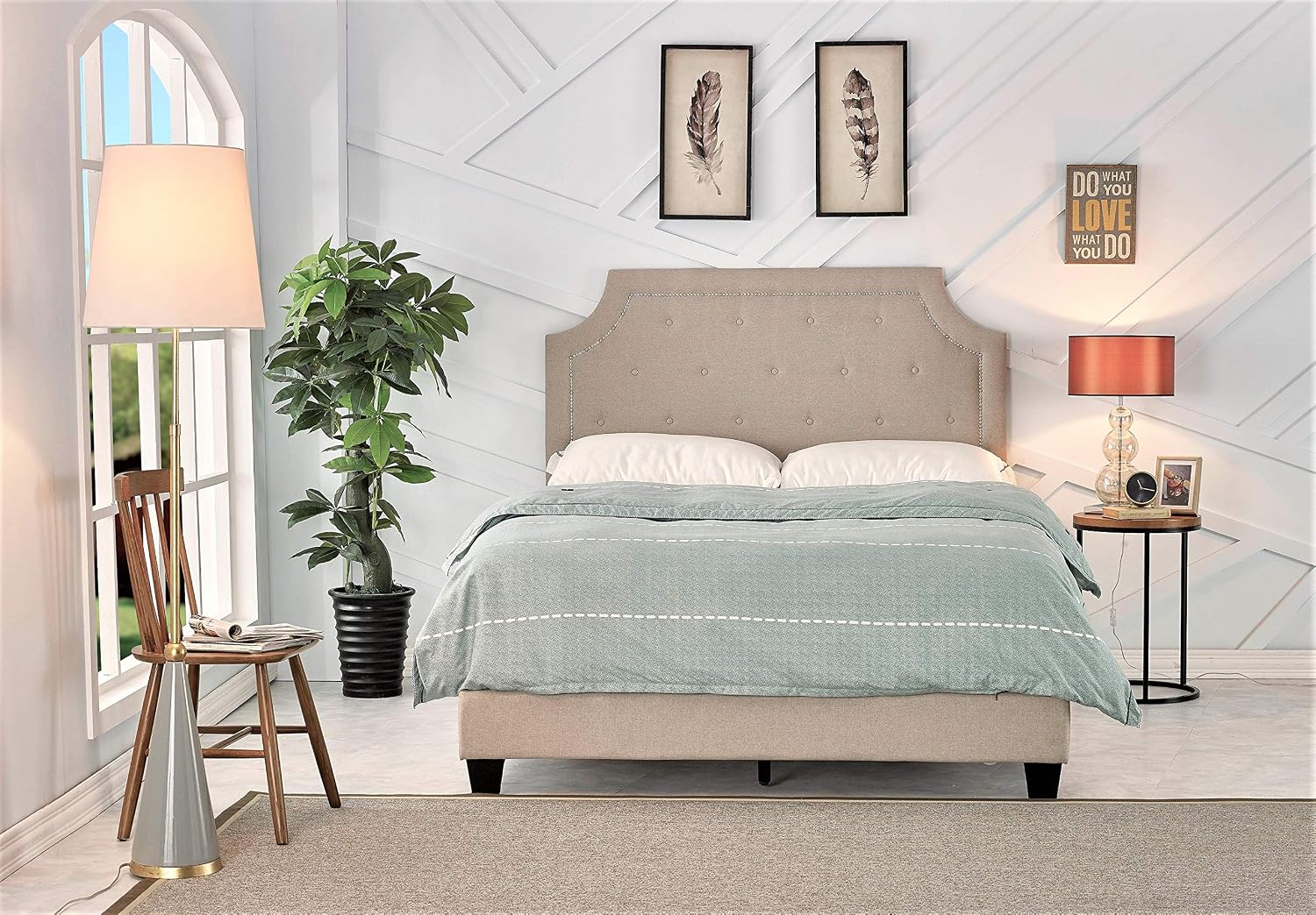 Container Furniture Direct Skipper Modern Button Tufted Upholstered Bed, 77.70", Full Beige