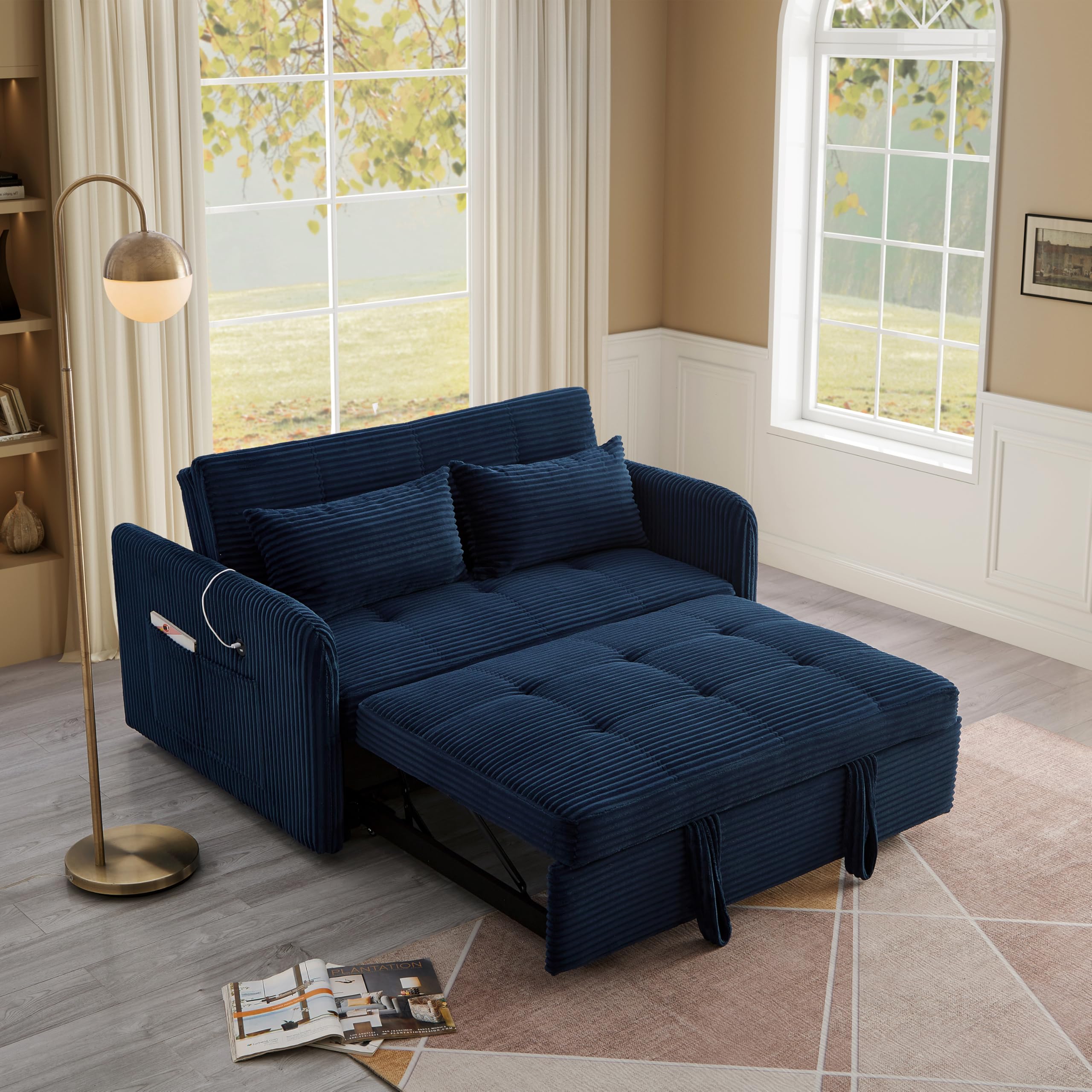 55.5" Corduroy Convertible Sofa Bed, Pull Out Sleeper Sofa Bed, Loveseat Couch with USB Charging Ports, 3 in 1 Convertible Sleeper Sofa Bed for Living Room, Apartment, Bedroom, RV, Blue