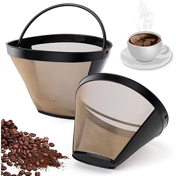 Gold Tone Filter Permanent Filter 6-8 Cup Stainless Steel Filter Mesh Basket Washable for 8-12 Cups Coffee Filter Size 4 with Stainless Steel Mesh Handle Pack of 2