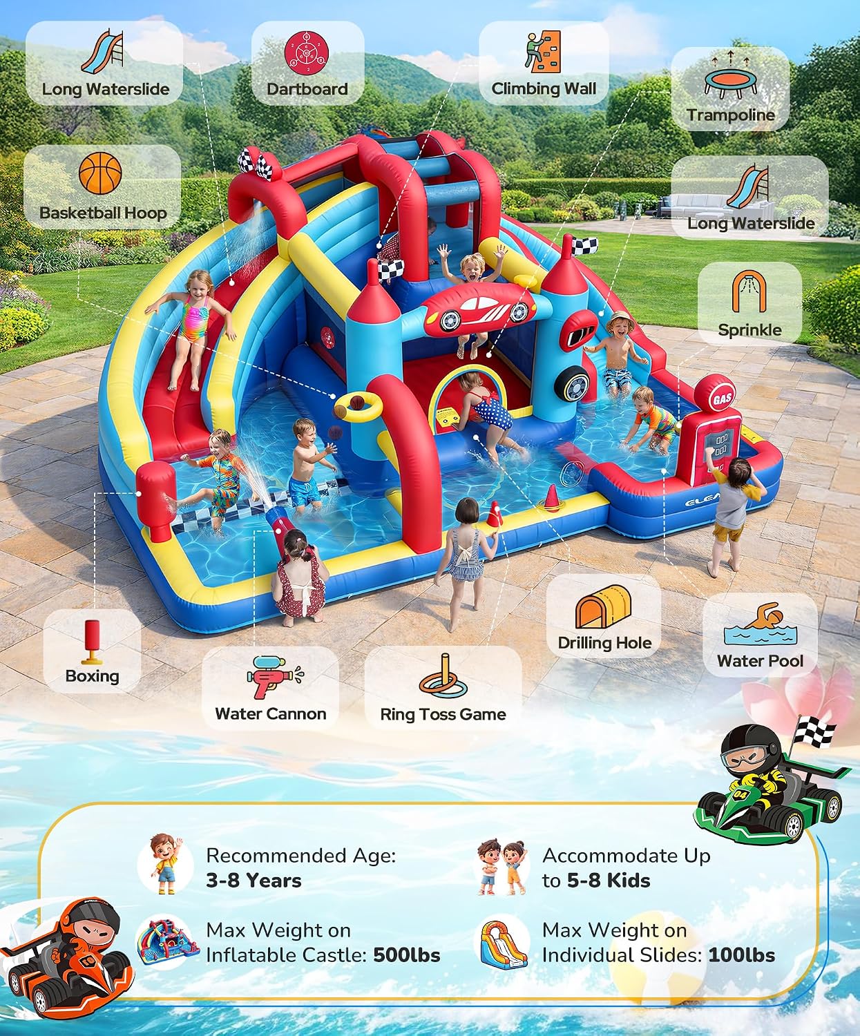 Speed Racer 15-in-1 Inflatable Water Slide Bounce House for Big Kids, 191x175in Double Slide Water Park w/Climbing Wall, Splash Pool,Water Cannon,Basketball,Dartboard & Boxing Post,750W Blower thumbnail