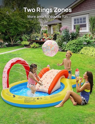 Vista 39 de EVAJOY - Centro de juegos inflable, piscina infantil con tobogán para niños, aspersor, tema de hielo y nieve con muñecas inflables, fácil