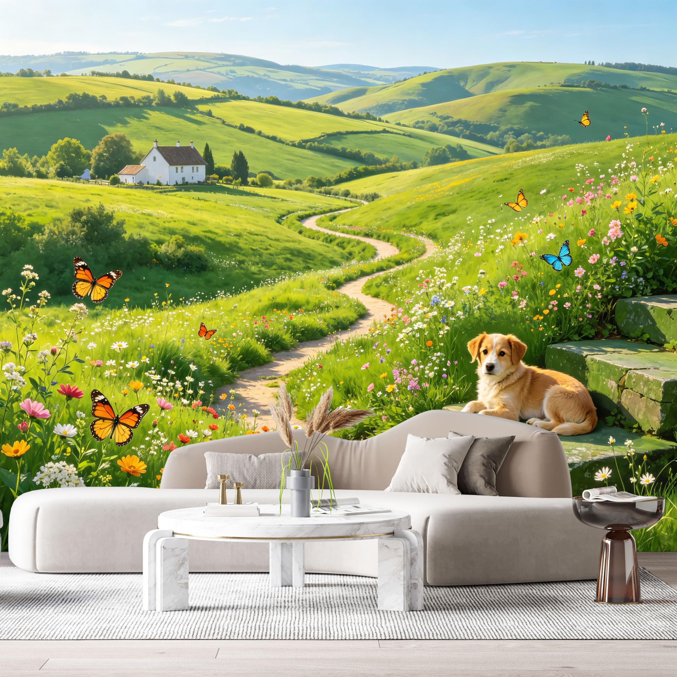 Custom Size Wall Murals Rolling Hills Farmhouse Landscape Wildflowers Butterfly Puppy SelfAdhesive Wall Fabric Removable Large Wallpaper for Photo Living Room