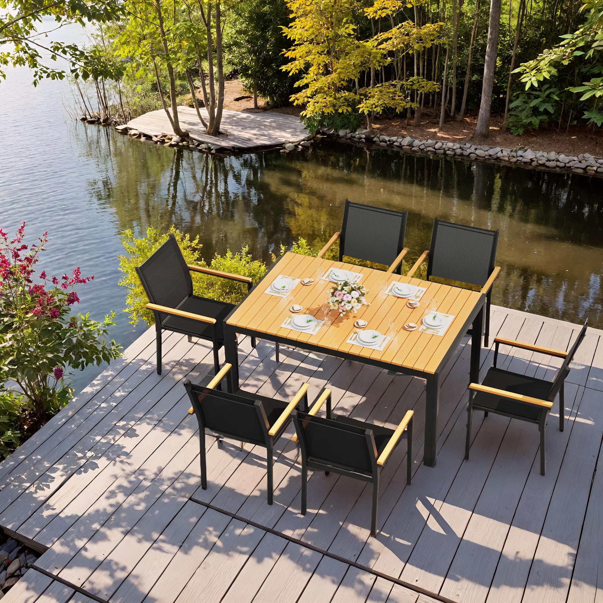 Clevich Tavolo da giardino resistente alle intemperie, 140 x 90 cm, quadrato in alluminio con piano in WPC, tavolo da pranzo da esterno per balcone e terrazza, facile da pulire e durevole, nero+teak