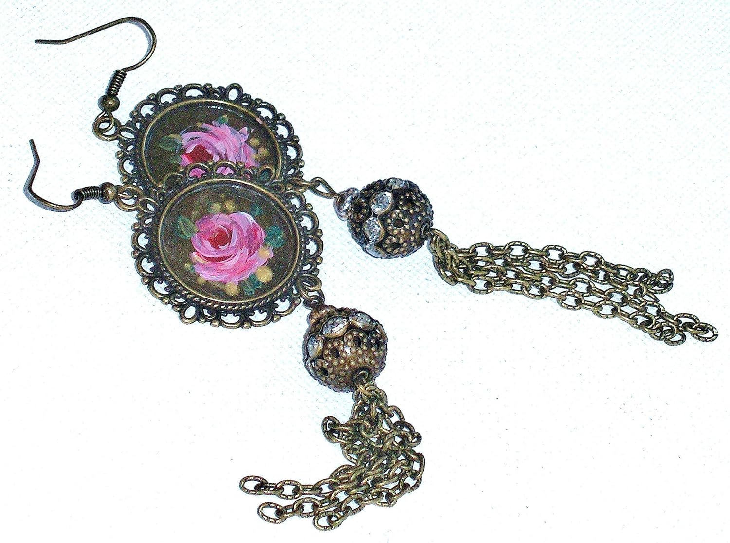 Pretty Boho Romantic Handmade Hand Painted Pink Rose Antiqued Gold Plated Pendant Long Tassel Floral Dangle Earrings for Women