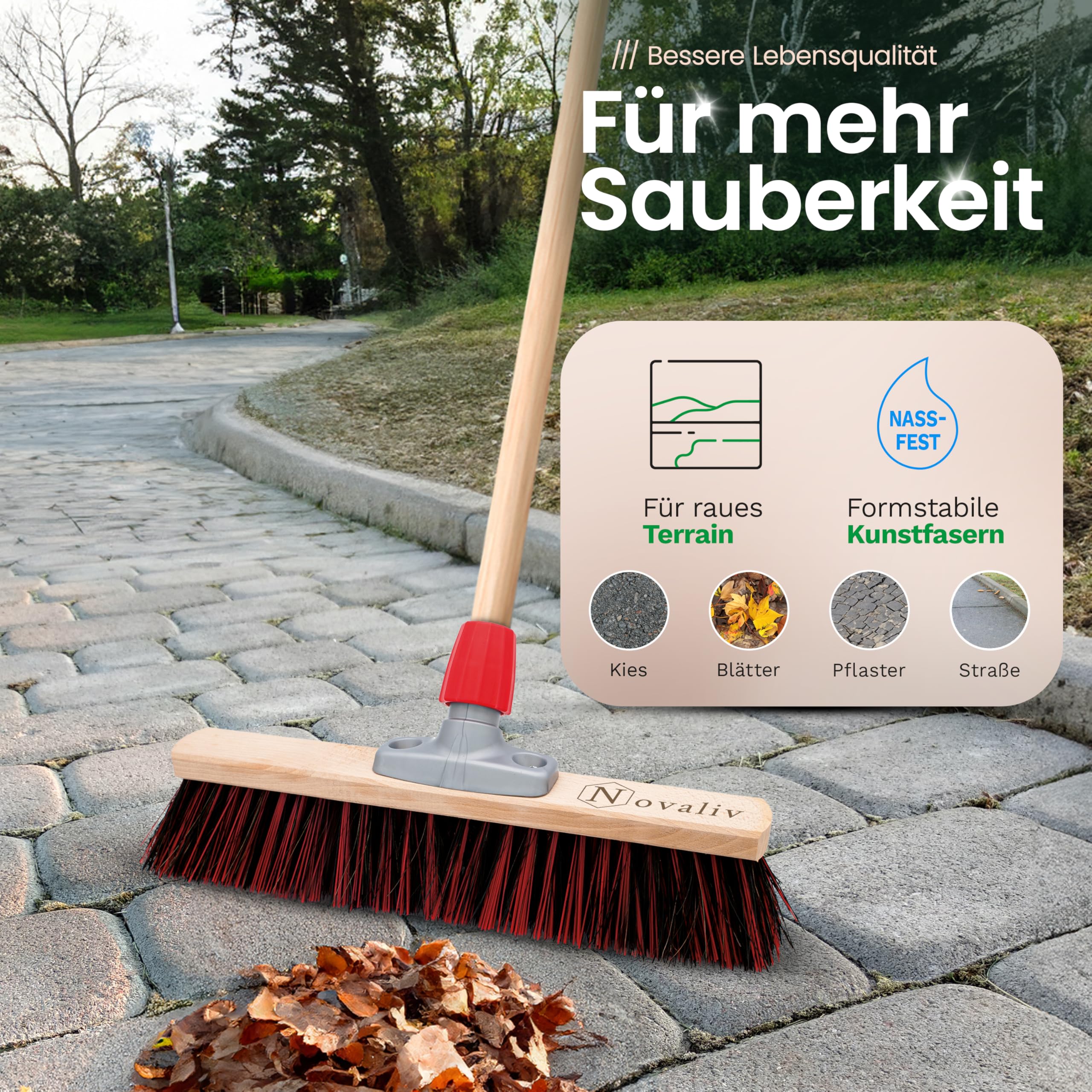 Novaliv 4 x Kehrbesen 40 cm I Besen mit Holzstiel I Arenga-Elaston Hofbesen Gartenbesen I Straßenbesen Industriebesen