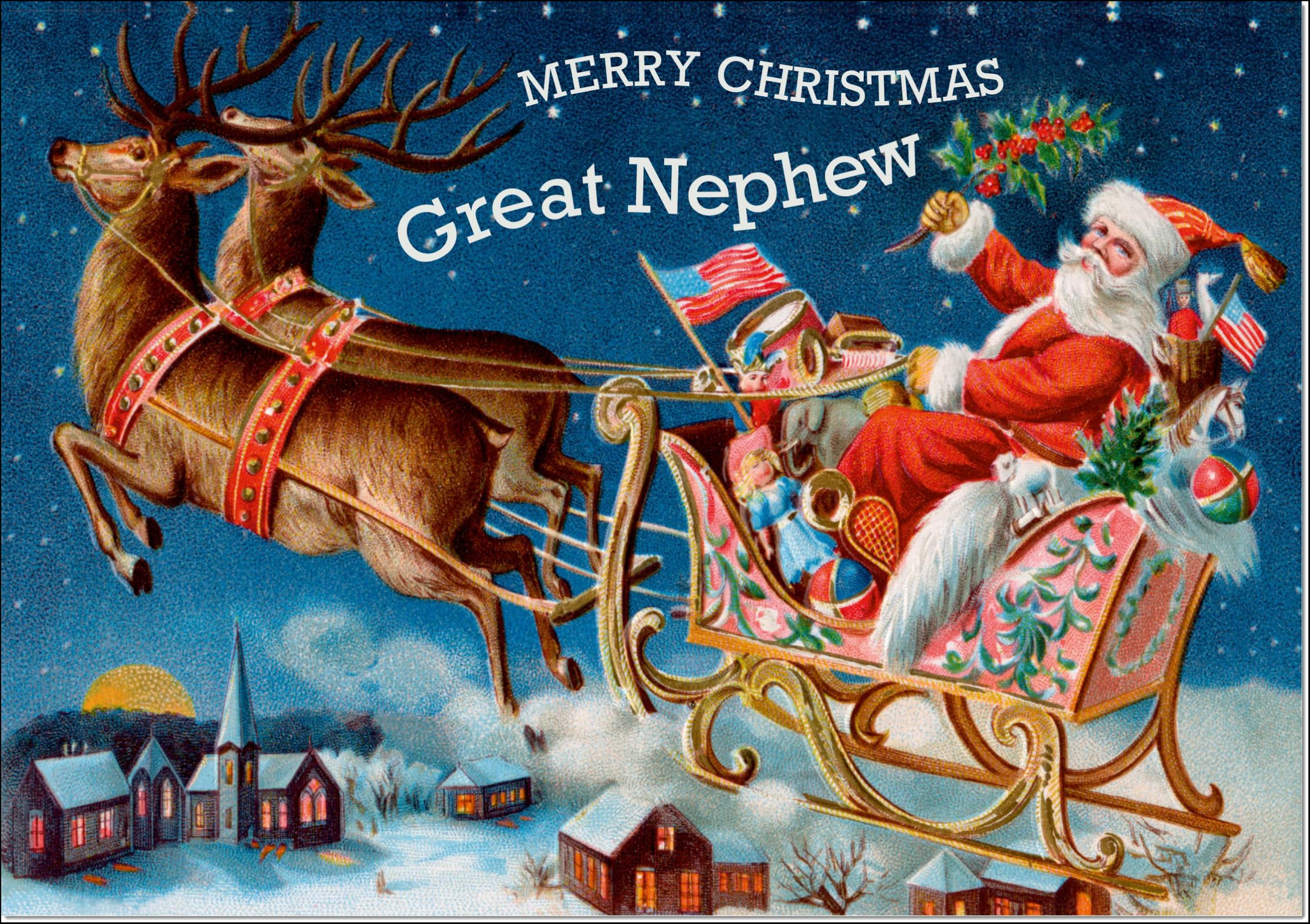 doodlecards Great Nephew Christmas Card Santas Sleigh Victorian Style Large A4 Size Christmas Card for Great Nephew with Plain Envelope