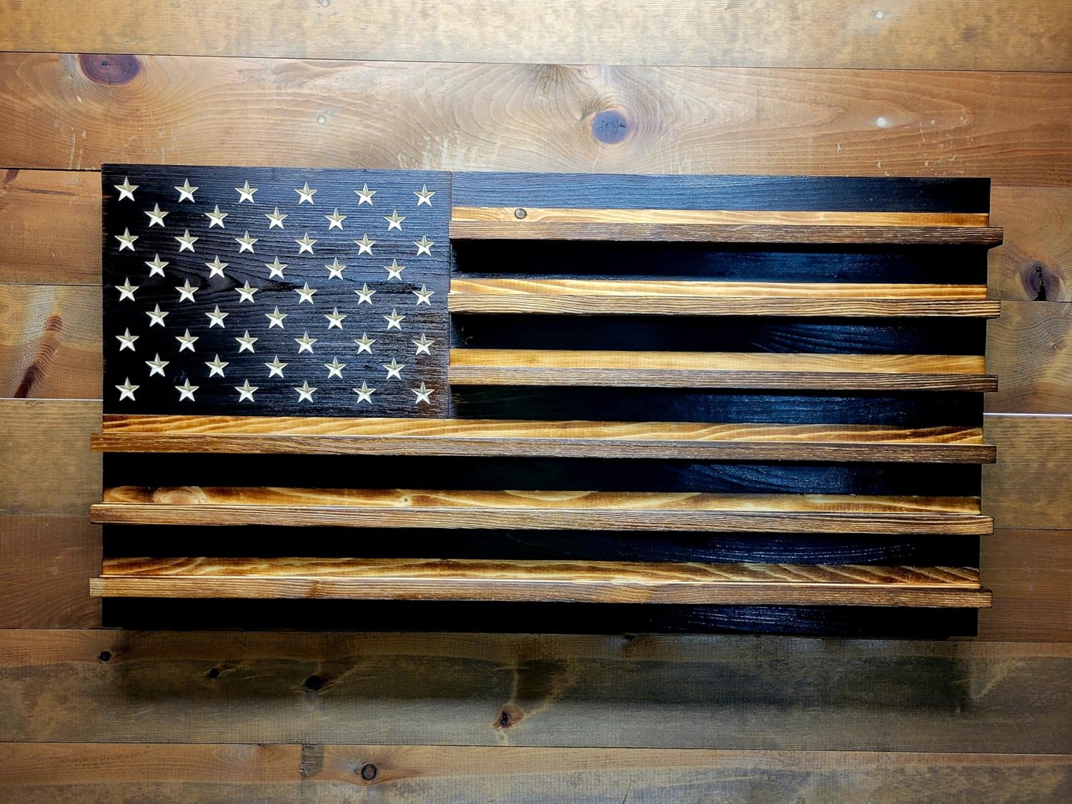 Charred Natural Finish American Challenge Coin Holder Display, Wooden Shelves hold 90-100 Coins, for Military, Police, Law Enforcement, First Responders, Custom Handmade Quality, Made in Texas