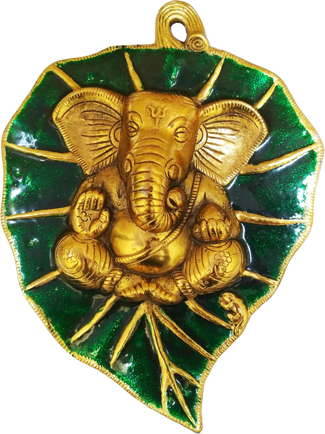Purpledip Metal Wall Plaque Ganesha: Ganapathi Idol on Auspicious Peepal Leaf (11541), Golden, 30.5L x 22.9W cm