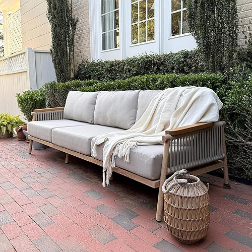 Miniatura 7 de Acanva Modern All-Weather Aluminum Outdoor Patio Sofa with Thick Cushions, Olefin Fabric Sunroom Backyard Furniture, Couch Light Khaki
