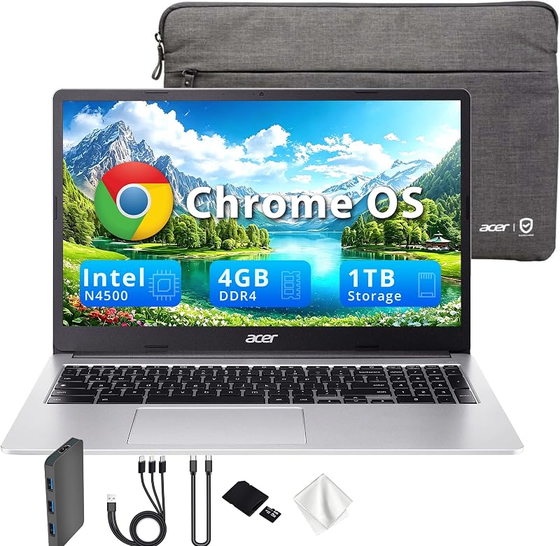 Chromebook 315 15.6" FHD Laptop, 4 GB LPDDR4 RAM, 1 TB de almacenamiento(64 GB eMMC y 1 TB Docking Station Set), Intel Celeron N4500, Intel UHD Graphics, teclado numérico, HD Webcam, plata, Chrome OS