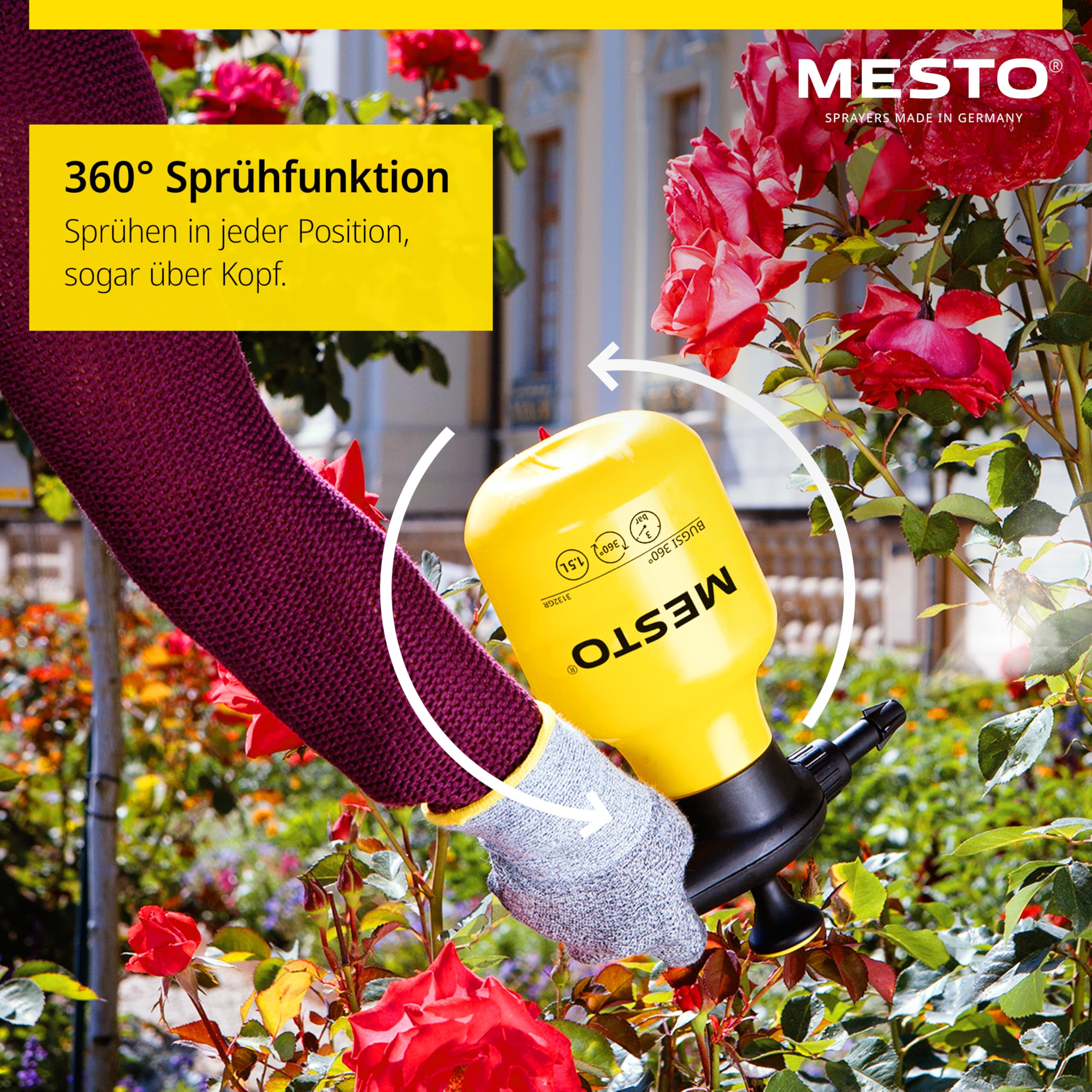 Mesto BUGSI 360° Drucksprüher 1,5L Set inkl. MESTO Verlängerungsrohr 27cm | Sprühflasche für Garten & Pflanzen | Pumpsprühflasche | Sprühgerät mit 2 in 1 Ventil | Pflanzensprüher | Verstellbare Düse