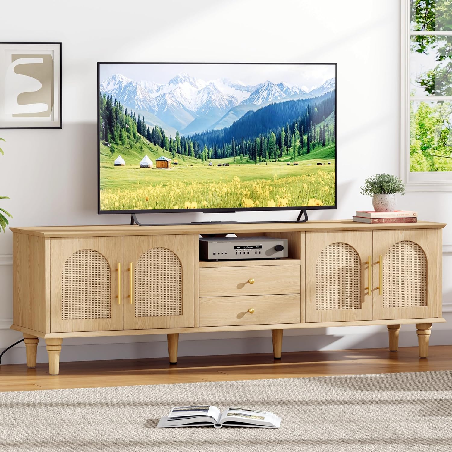 63"W Rattan TV Stand for 75 inch TV, Entertainment Center with Storage Cabinet, 2 Drawers & Doors, Adjustable Shelf & Power Outlet, Modern Media TV Console Table for Living Room, Bedroom, Natural Oak