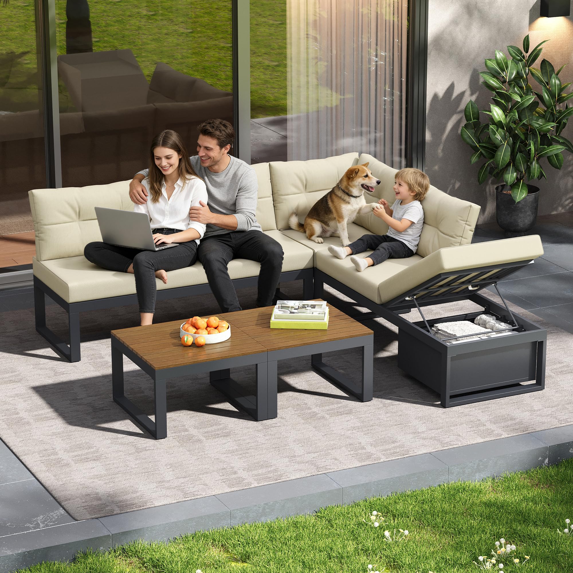 Ensemble de Meubles de Jardin Modulable avec Dossier Réglable 3 Positions, Fonction Relax, Rangement Intégré, Housse Polyester Résistant aux Intempéries - pour Terrasse, Balcon et Jardin