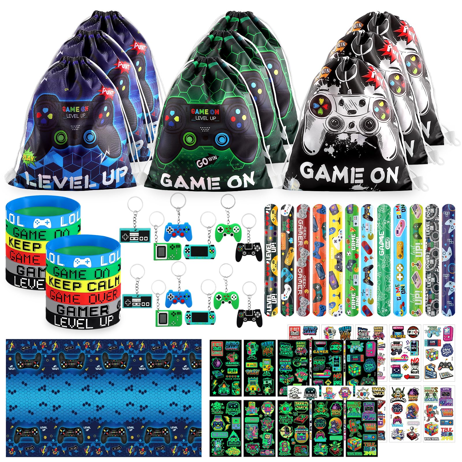 56 PCS Favores de Fiesta de Videojuegos con Llavero de Controlador | Juego Bandas de Bofetada Bolsas con Cordón Tatuajes Temporales Pulsera Silicona Mantel, para Fiestas Temáticas Videojuegos