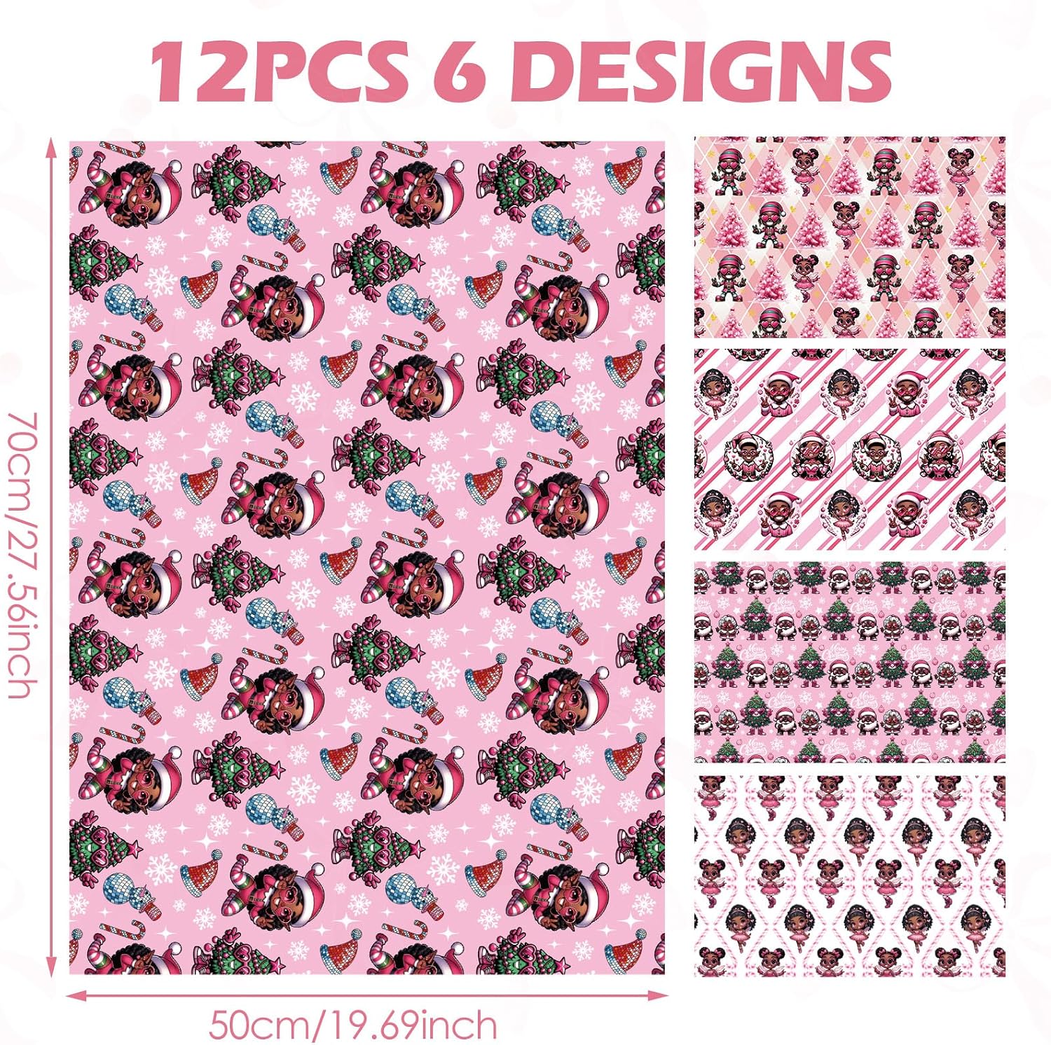 TAKEALOOKO African American Christmas Wrapping Paper - 12 Sheets Pink and Black Xmas Theme Gift Wrap with Santa Patterns, 6 Designs for Holiday DIY Crafts Packing, 19.7 x 27.6 Inch