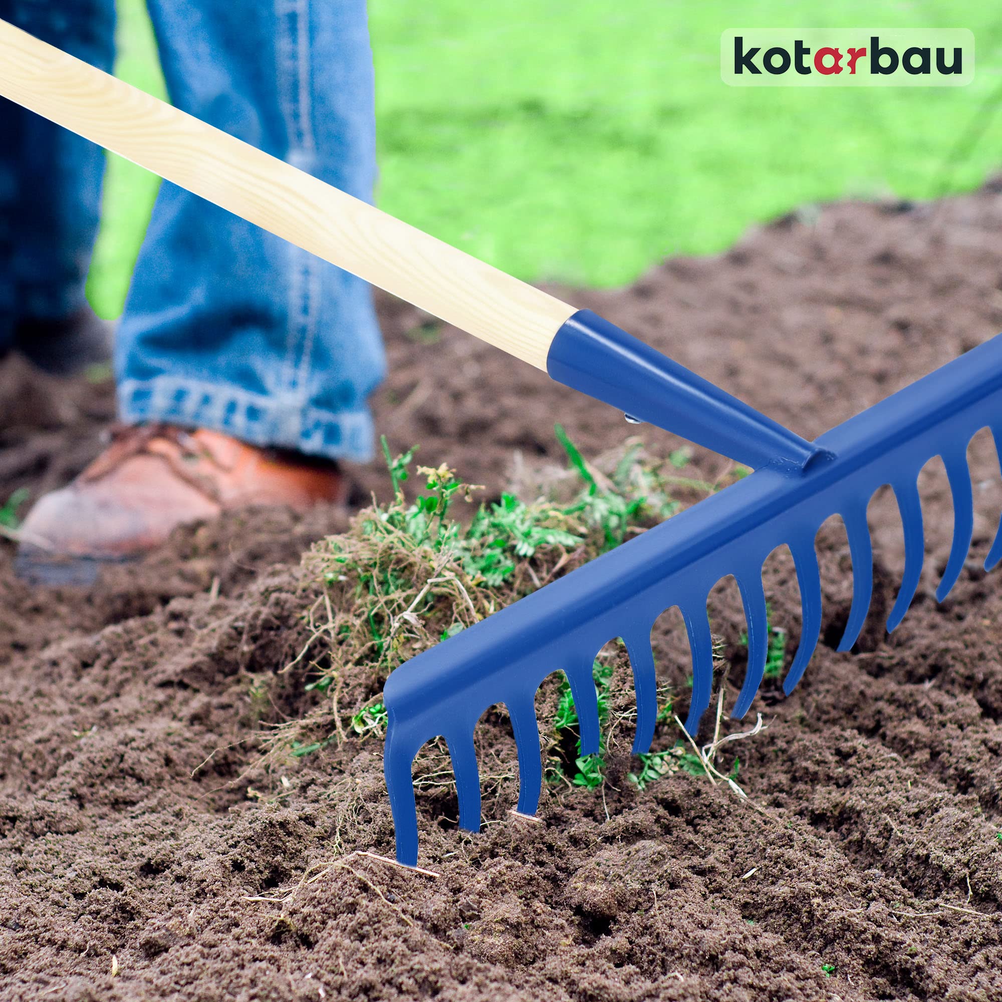 KOTARBAU® Rastrillo Jardin - Acero - 36 cm - Azul Marino - Rastrillo Hojas Jardin - con Mango de Madera 136 cm - 14 Dientes - Herramienta para Cesped y Jardineria