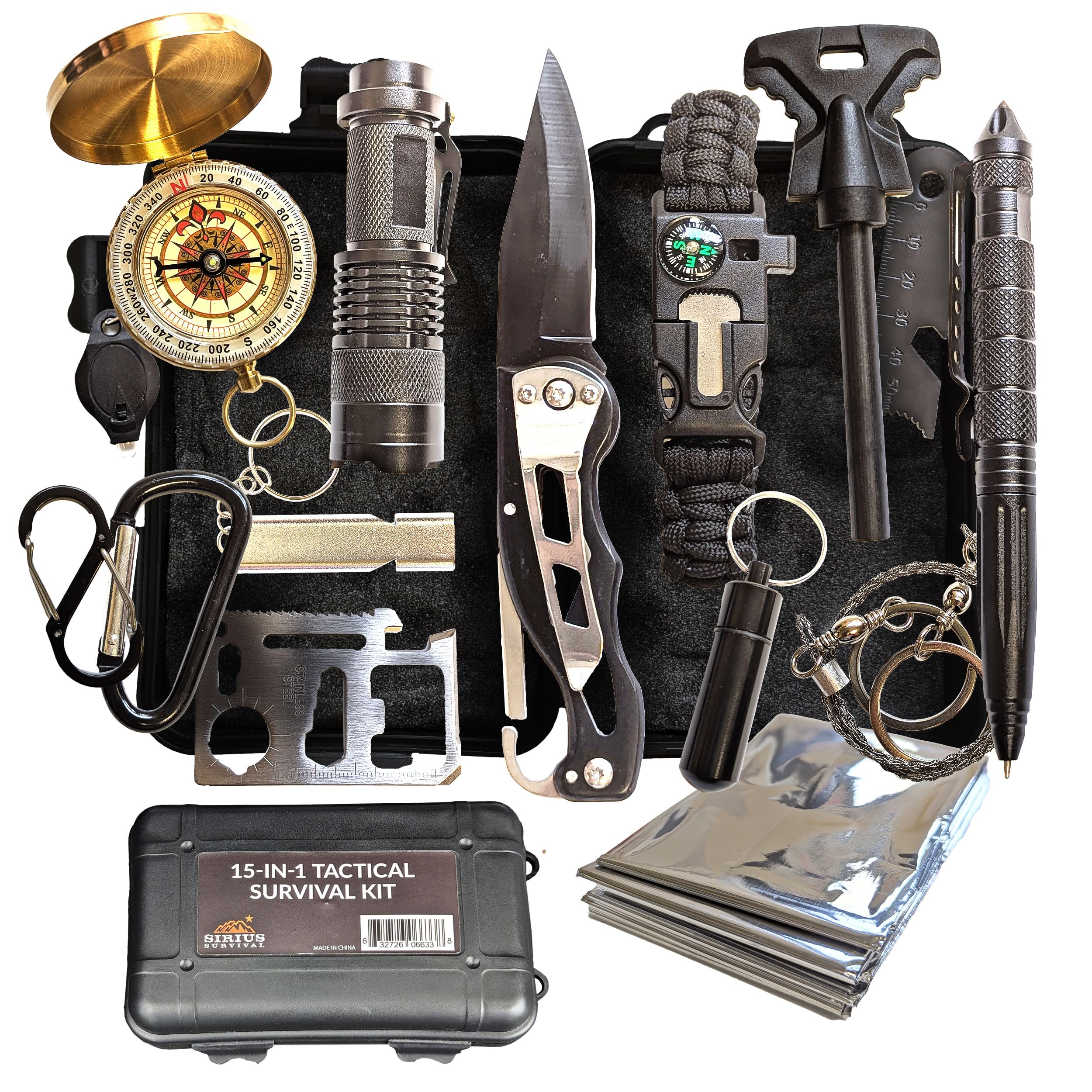 15 in 1 Hiking Kit – Tactical Survival Kit for Hiking, Camping, Climbing Adventures – Emergency Tools & Kit for Survival Situations