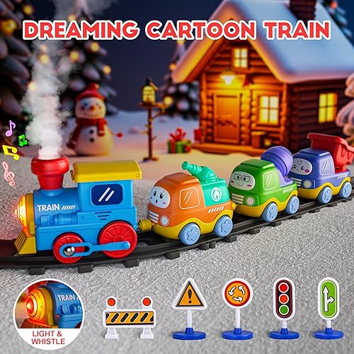 Miniatura 2 de Juego de tren de pista de vapor para niños pequeños, juguetes de tren de conexión magnética con luces y sonidos, tren eléctrico de dibujos animados,