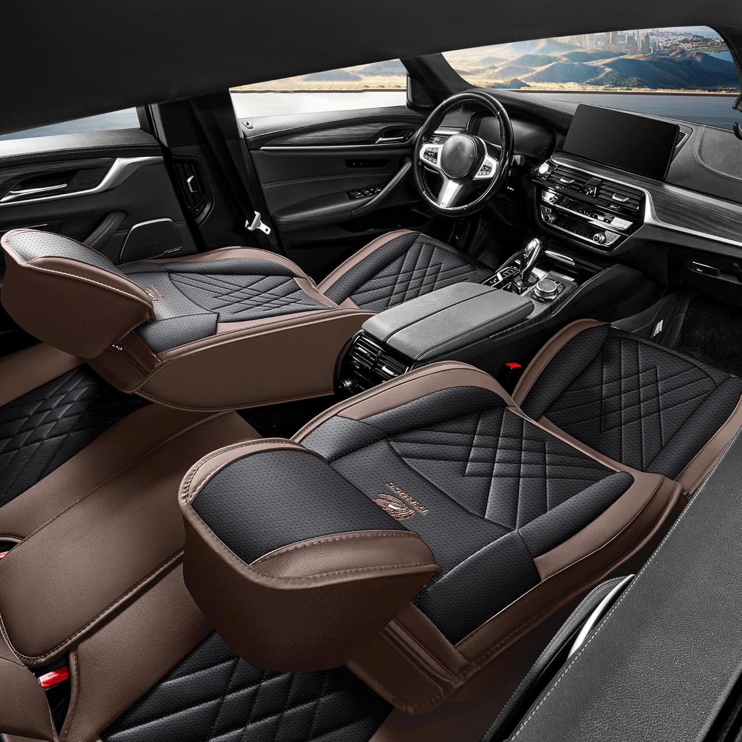 Car Seat Covers 2-Piece Front Pair Durable Leather, Anti-Slip Waterproof Car Accessories Custom Fit for Most Cars, SUV & Sedan（Black-Brown）