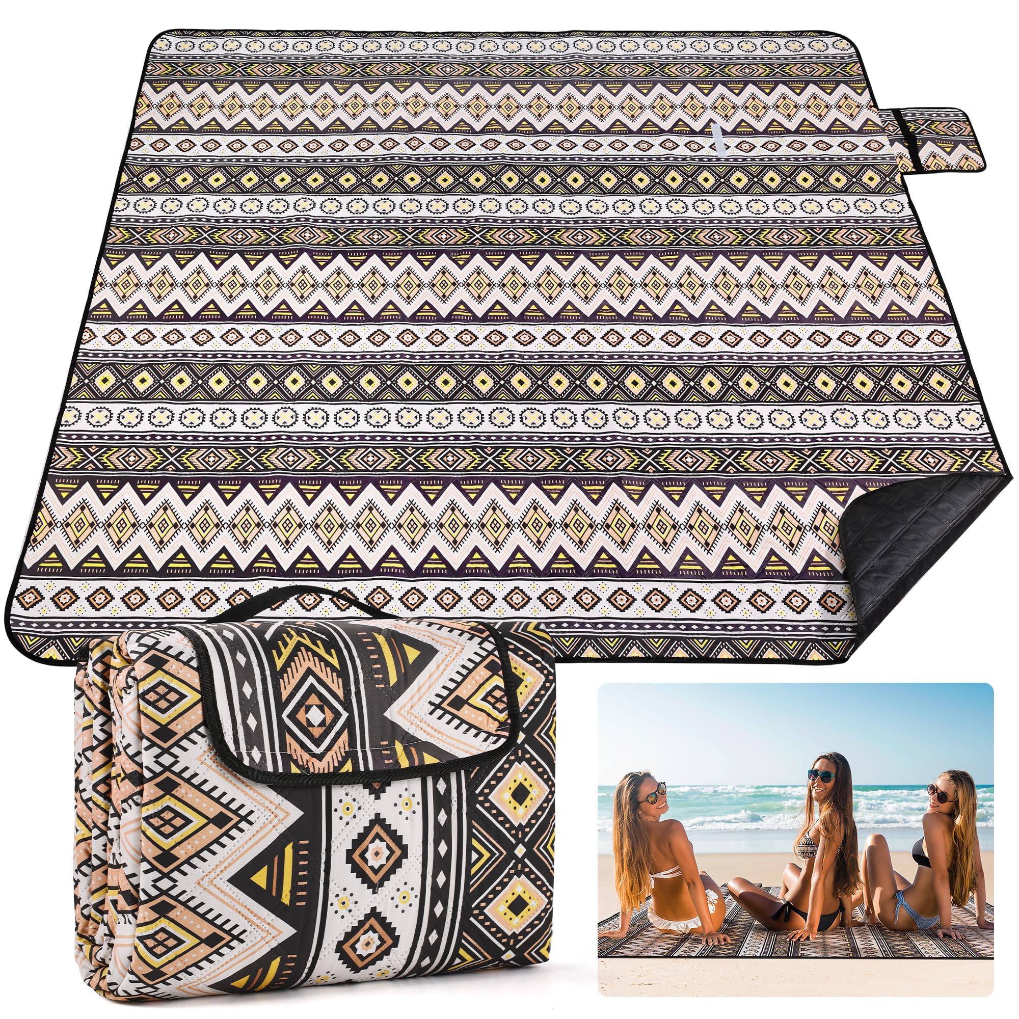 COZCLAM Manta Picnic Impermeable, 200 x 200 cm Mantel Picnic, Portátil Picnic Blanket, Alfombra Exterior, Manta Playa, Lavable a máquina, Aislante, Ideal para Playa, Picnic, Camping (Negro)