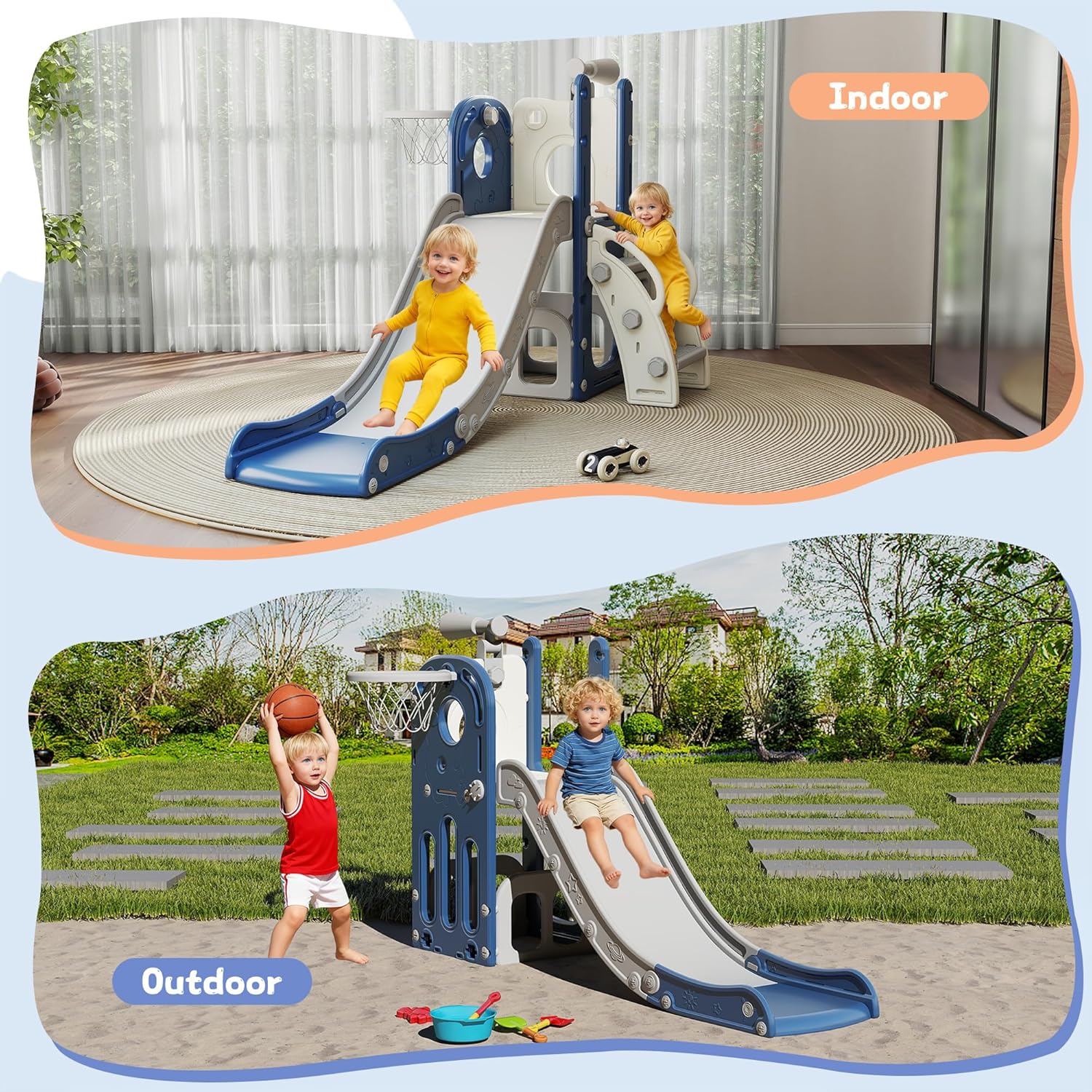 6 in 1 Toddler Slide, Kids Slider for 1-3, Indoor Outdoor Playset Playground with Basketball Hoop, Storage, Climber and Telescope, Great Gift for Baby & Child, Blue and White