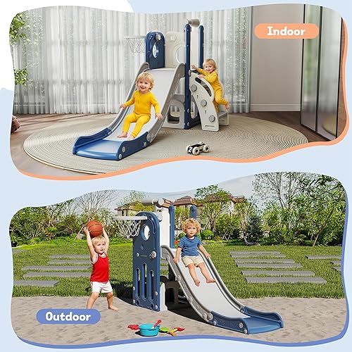 Miniatura 8 de Tobogán 6 en 1 para niños de 1 a 3 años, para interiores y exteriores, con aro de baloncesto, almacenamiento, escalador y telescopio, gran regalo