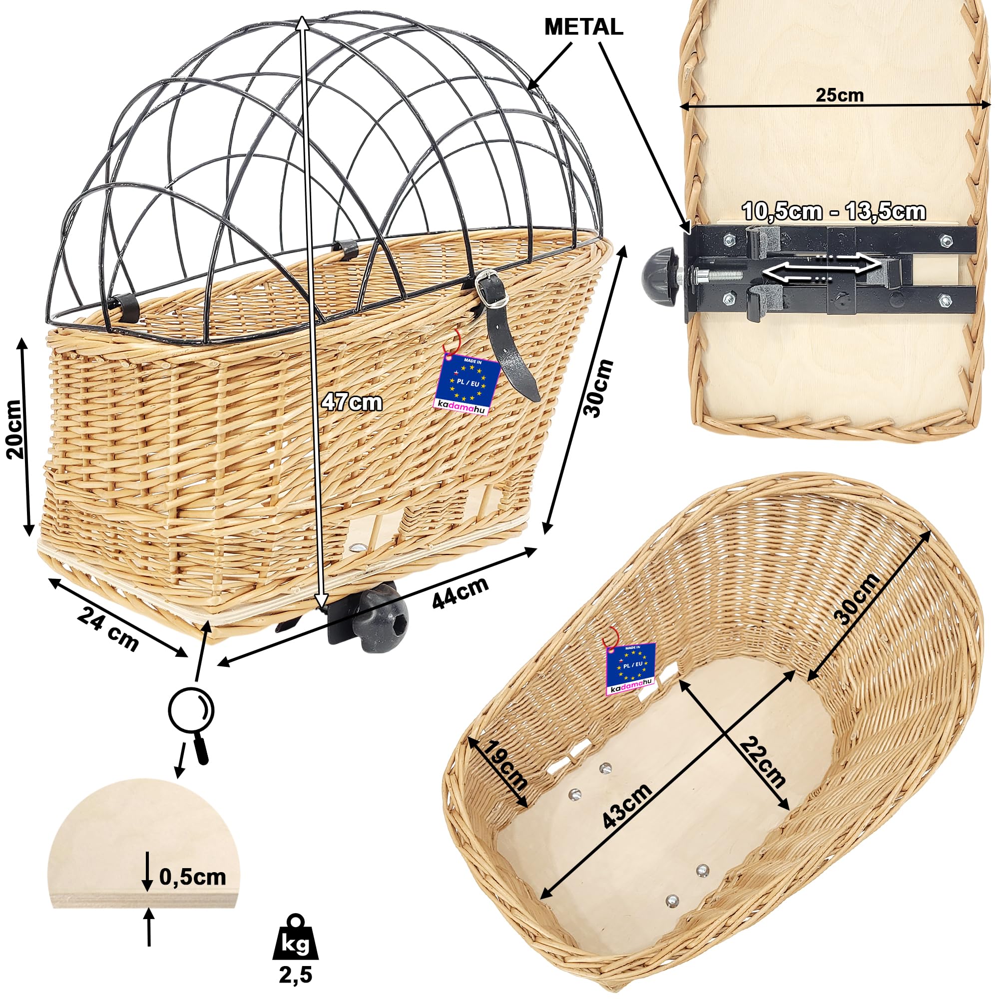 Handgevlochten Fietsmand Van Wilg Voor Honden En Katten Tot 8 Kg – 47x44x24 Cm, Met Veiligheidsrooster, Zacht Kussen En Eenvoudige Bevestiging Op De Bagagedrager