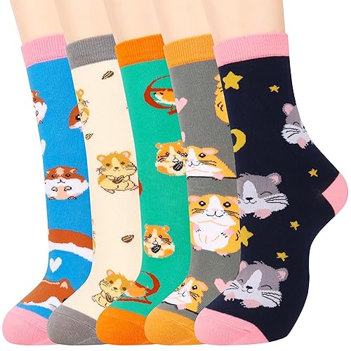 Jeasona 5 Pairs Cotton Socks for Women Size 4-9 Over-ankle Length Animal Themed Cute Patterns - 4-7 - Multicolor-hamster