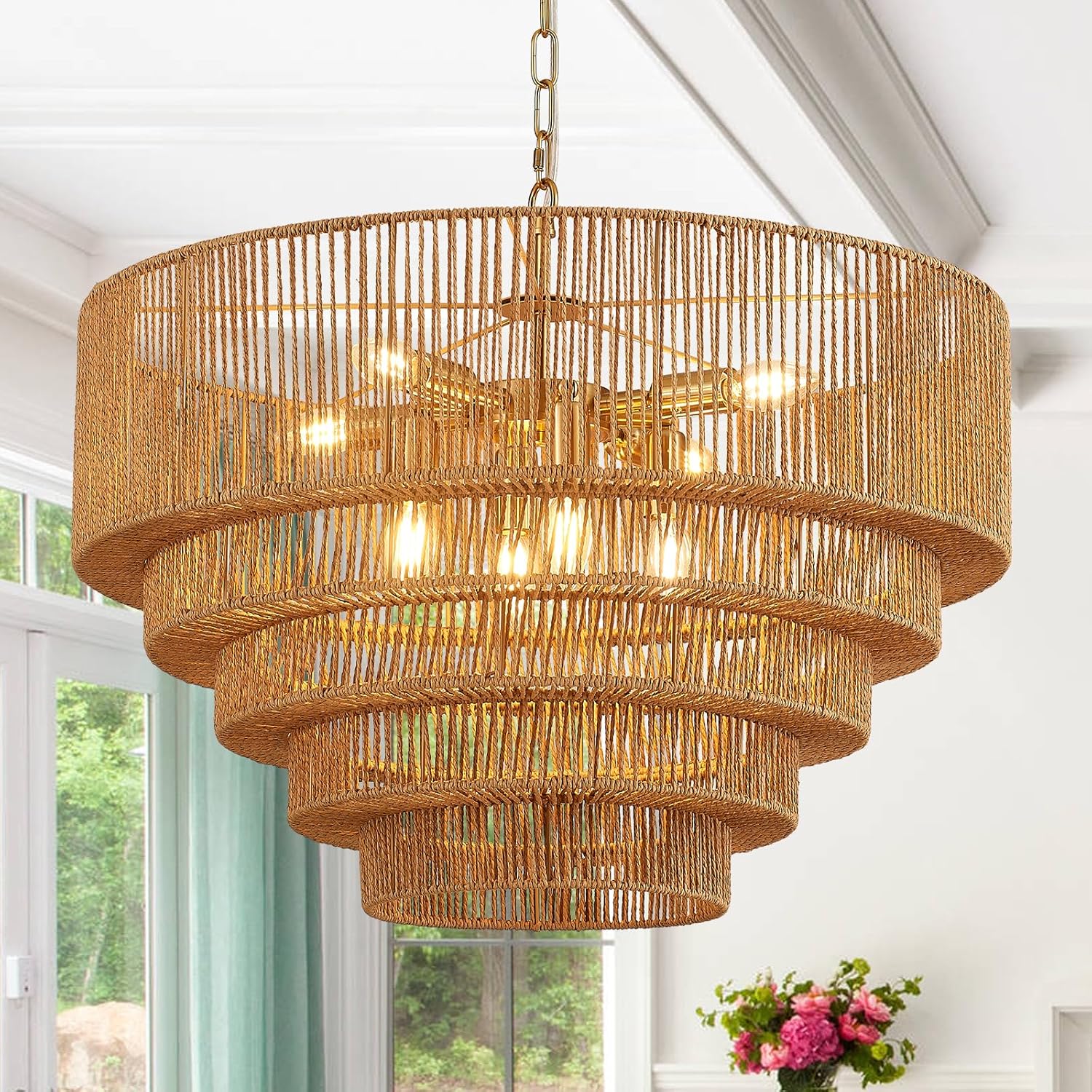 25.6" Large Hand-Woven Rattan 8-Light Farmhouse Boho Bamboo Chandelier for Dining Room, Kitchen, E12 Golden 25.6"