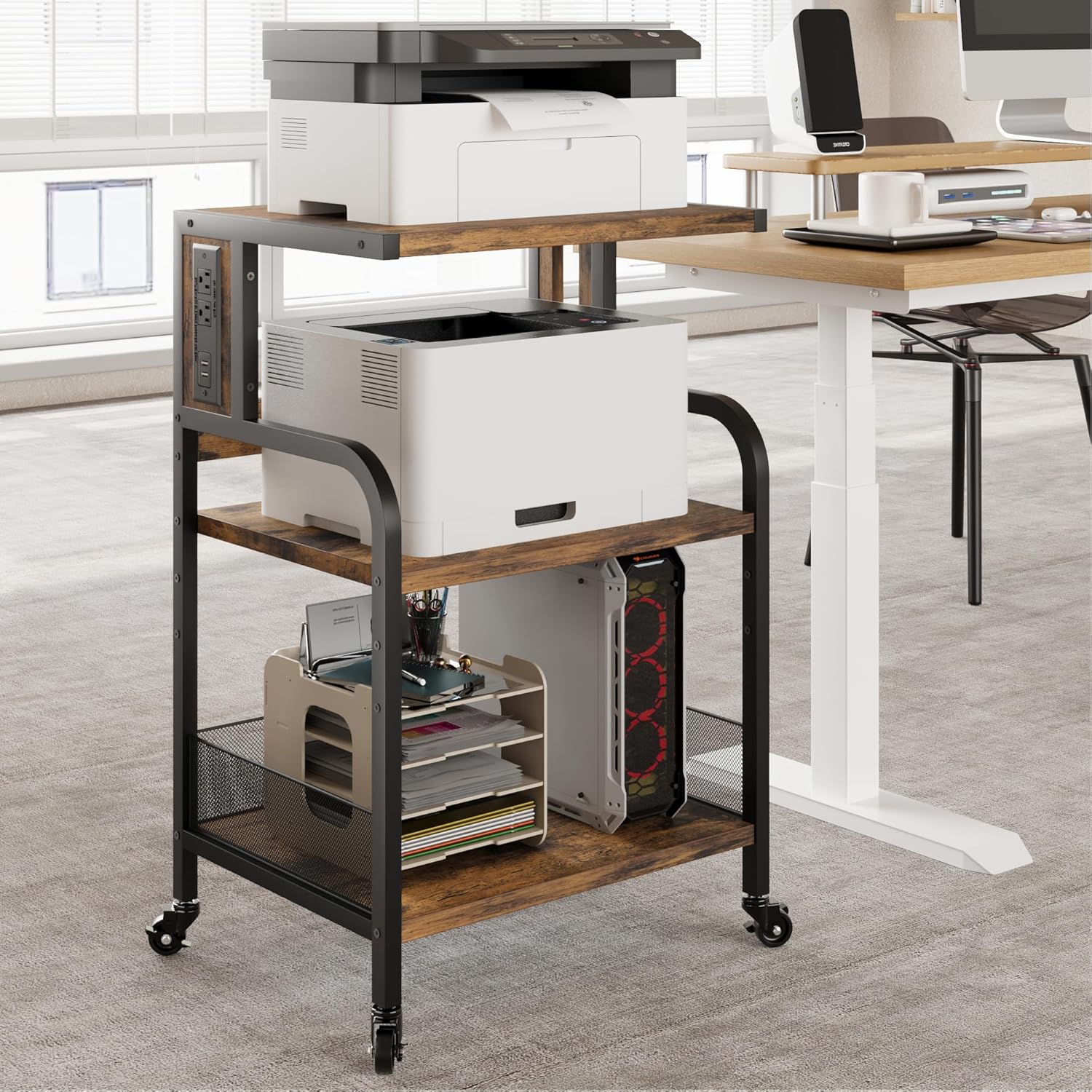 IDEALHOUSE Large Printer Stand with Power Outlets and USB Charging Ports, Mobile Printer Table with Adjustable Shelf, 3 Tier Rolling Printer Stand with Wheels for Home Office, Rustic Brown