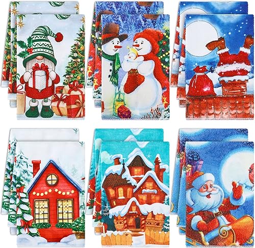 12 toallas de mano navideñas de Navidad, Papá Noel, reno, muñeco de nieve, árbol, a cuadros, bordadas, toallas de algodón absorbentes, 13 x 18