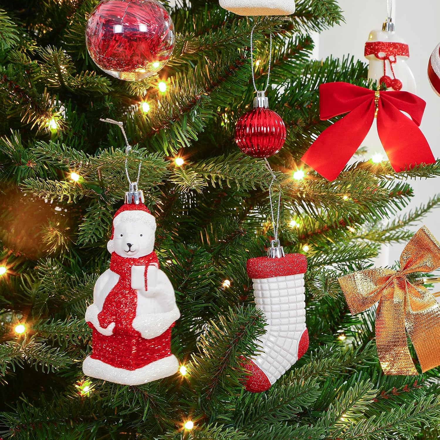 Alupssuc 112pcs Christmas Balls Ornaments Set, Shatterproof Plastic Baubles Christmas Penguin, Polar Bear for Xmas Tree Holiday Wedding Party Decorations with Hanging Strings, Red and White - Image 6