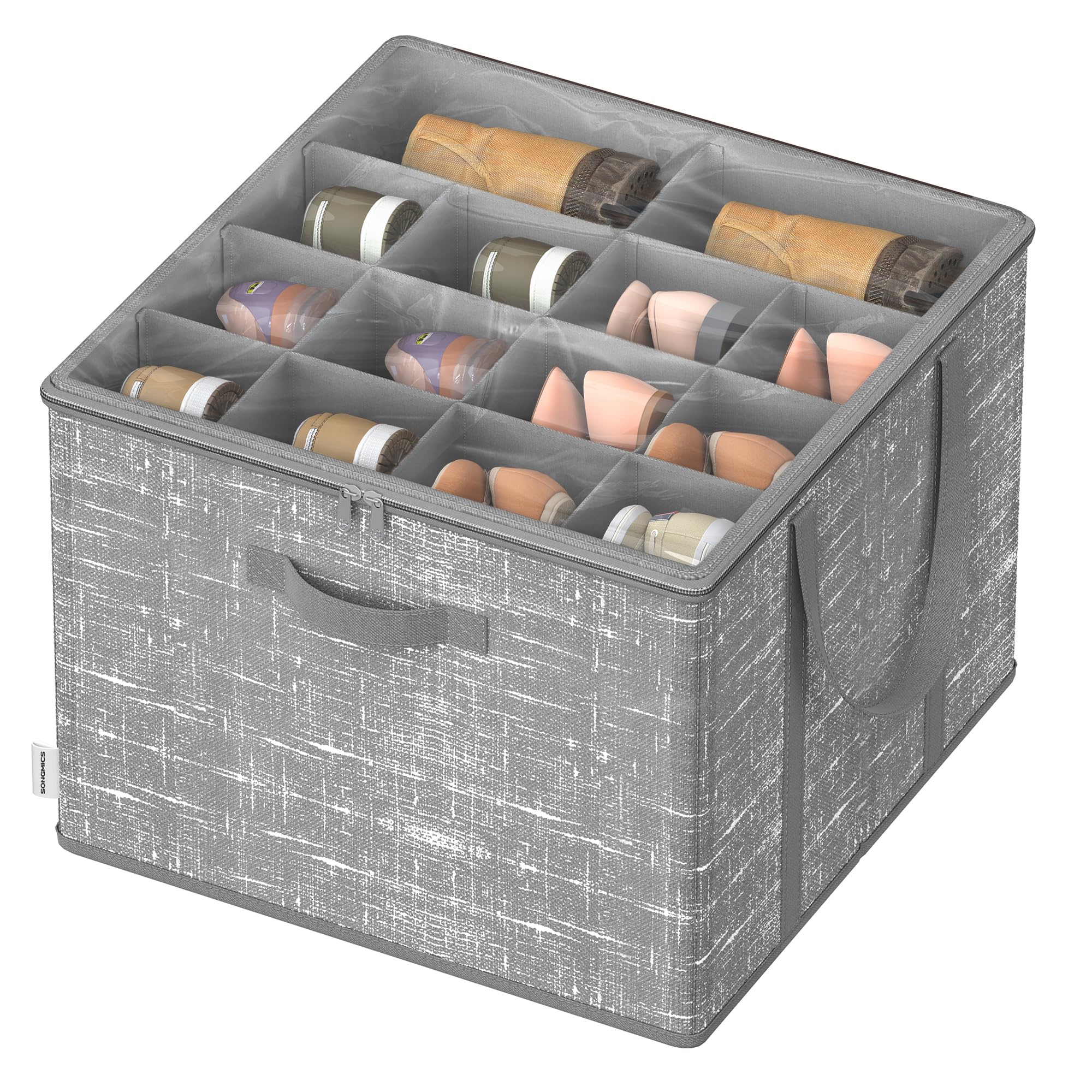 SONGMICS Shoe Organizer for Closet, Fits up to 16 Pairs, Shoe Boxes, Fabric Storage Cube with Handles and Transparent Lid, Space-Saving for Bedroom,