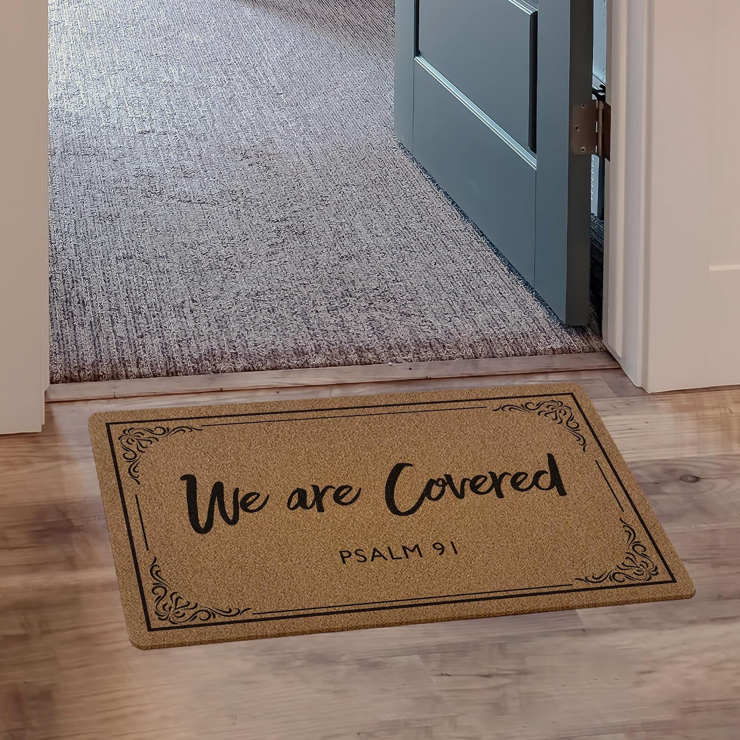 Christian Door Mat, We are Covered Bible Verse Artificial Coir Front Door Mat Indoor Outdoor Entrance, Psalm 91 Religious Doormat Rug for Porch Entryway Patio Decor, 17X30 Inch